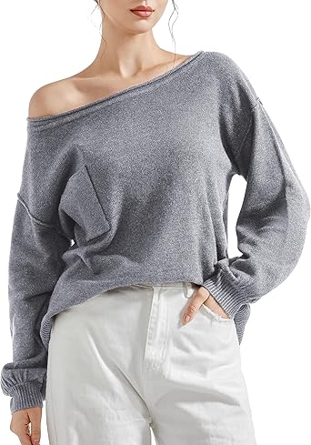 SUUKSESS Women Off The Shoulder Fall Sweaters Long Sleeve Boat Neck Oversized Pullover Sweater Tops