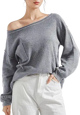 SUUKSESS Women Off The Shoulder Fall Sweaters Long Sleeve Boat Neck Oversized Pullover Sweater Tops