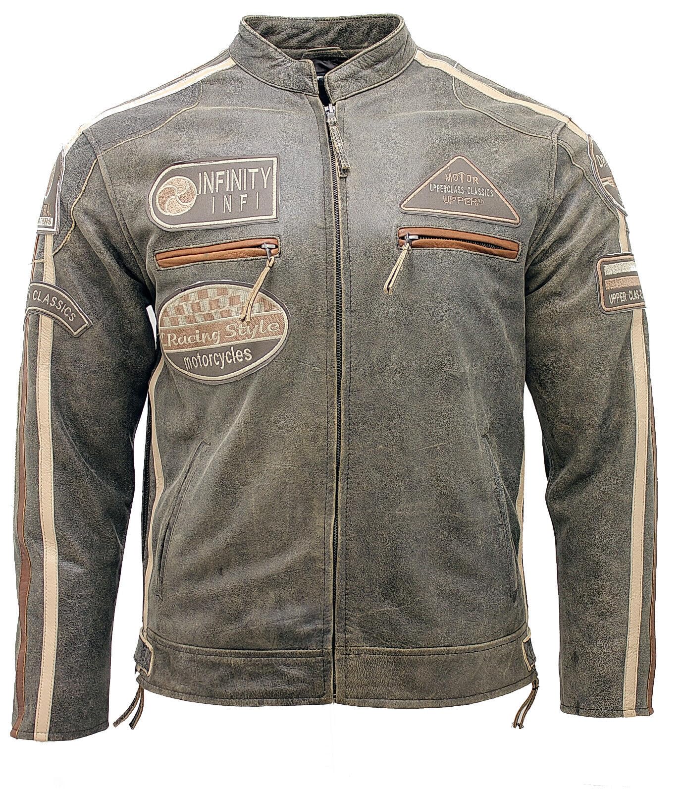 Mens Brown Leather Biker Badges Racing Moto Jacket 3XL