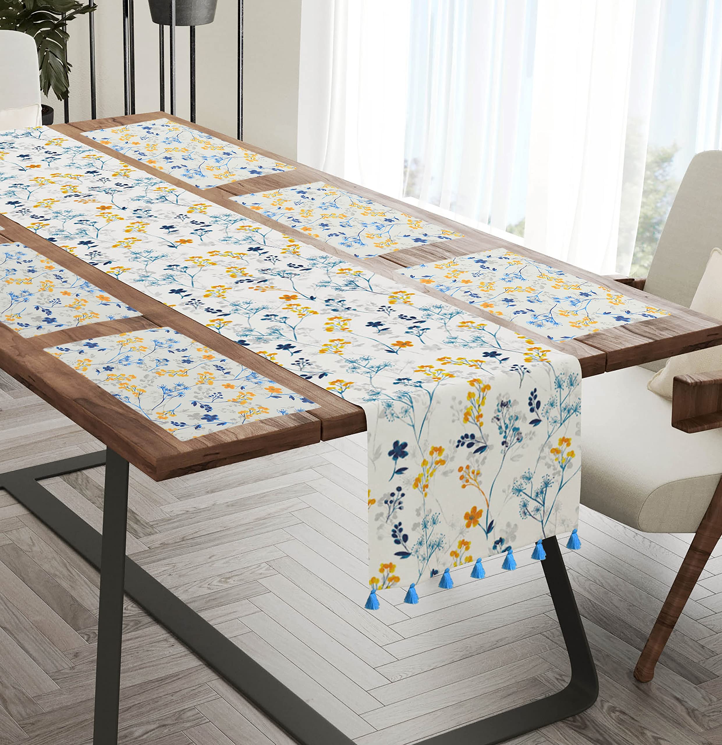 Cotton Candy - Runner for Dining Table 6 Seater with Placemat Set of 6 / Cotton,14 x 72 inch Floral Table Runners / Home Dining Table Décor - Linear Blue