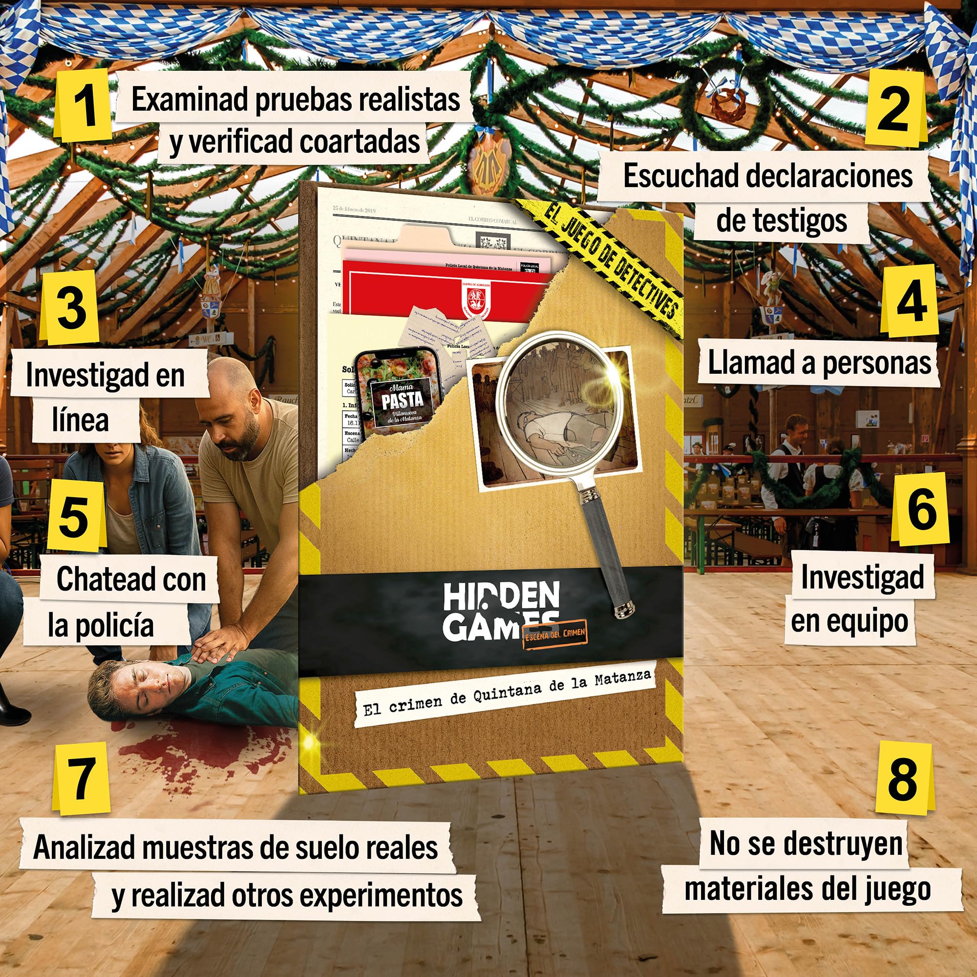 Hidden Games Escena del Crimen: El Crimen de Quintana de la Matanza, crimenes imperfectos, Exit Juego de Mesa de Misterio y Detectives cooperativo, 1-6 Jugadores, a Partir de 14 años, en español