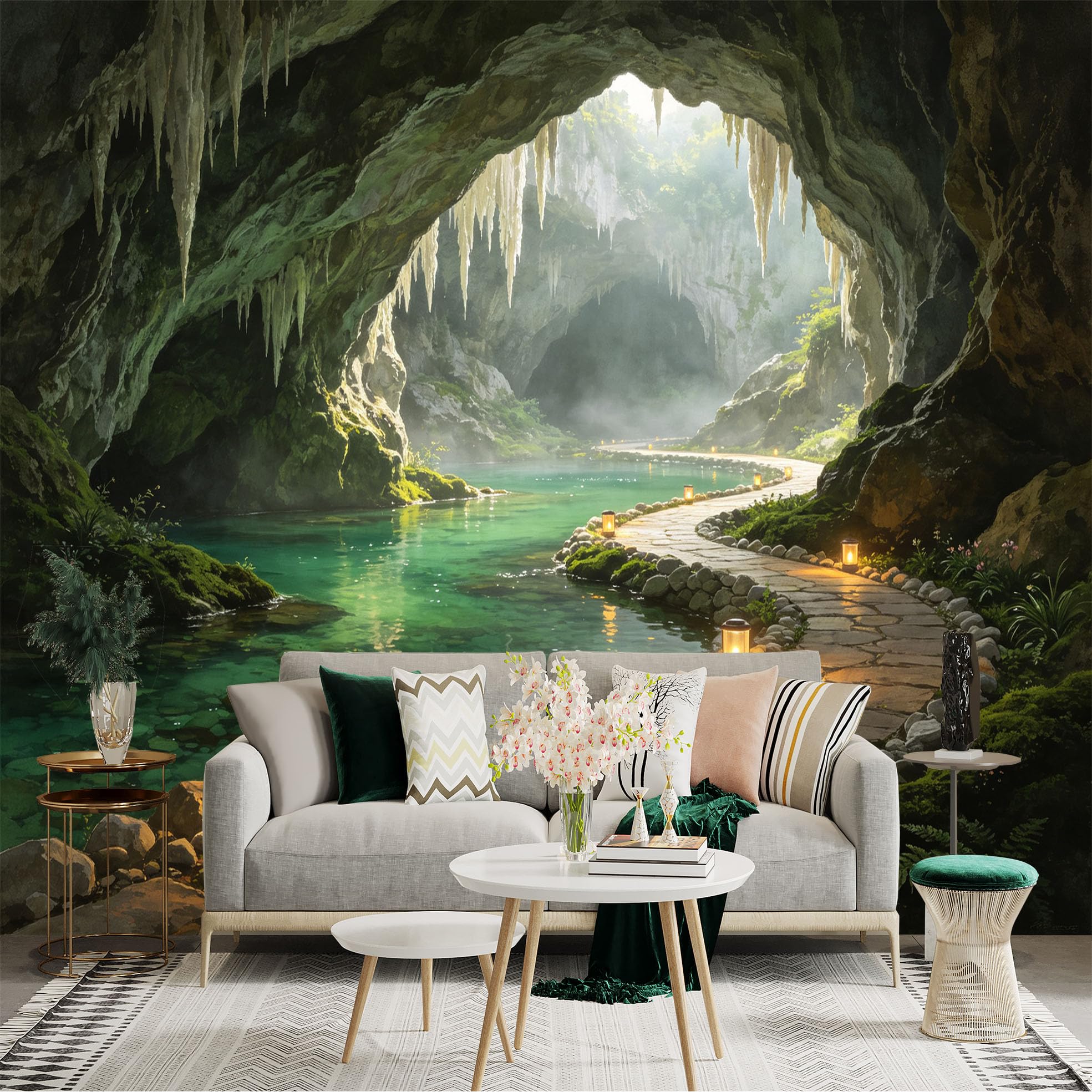 Custom Size Wall Sticker Mural， Natural Underground Cave， Crystal Clear River， Stone Walking Path， Glowing Lanterns， Serene Landscape， for wall Decoration， peelandstick wall Decals.
