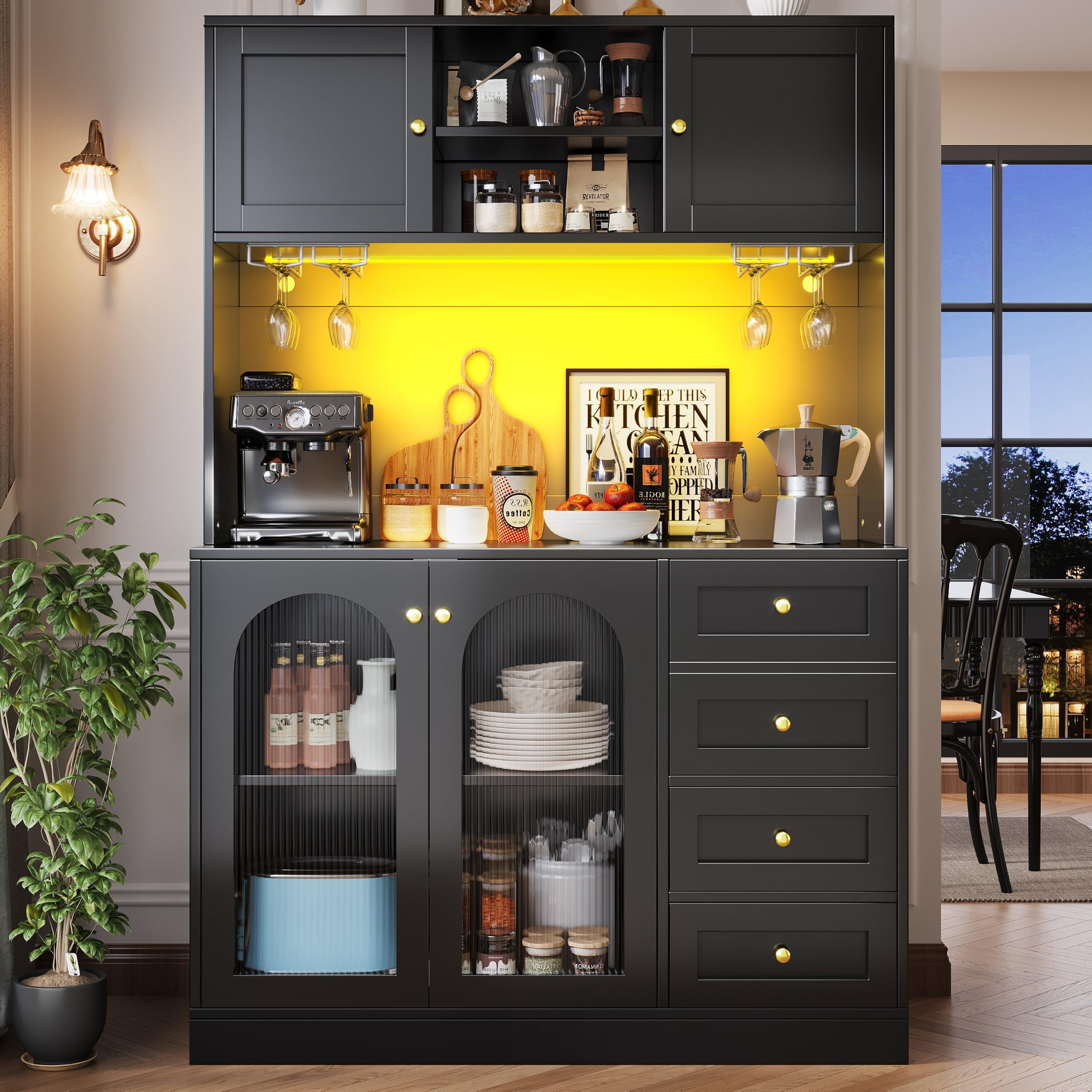 Merax Kitchen Cabinet with RGB LED Lights, 120 x 40 x 188 cm Farmhouse Kitchen Cupboard, Pantry Cupboard with Fluted Glass Doors, 4 Doors, Drink Holders & Spacious Storage, Buffet Sideboard