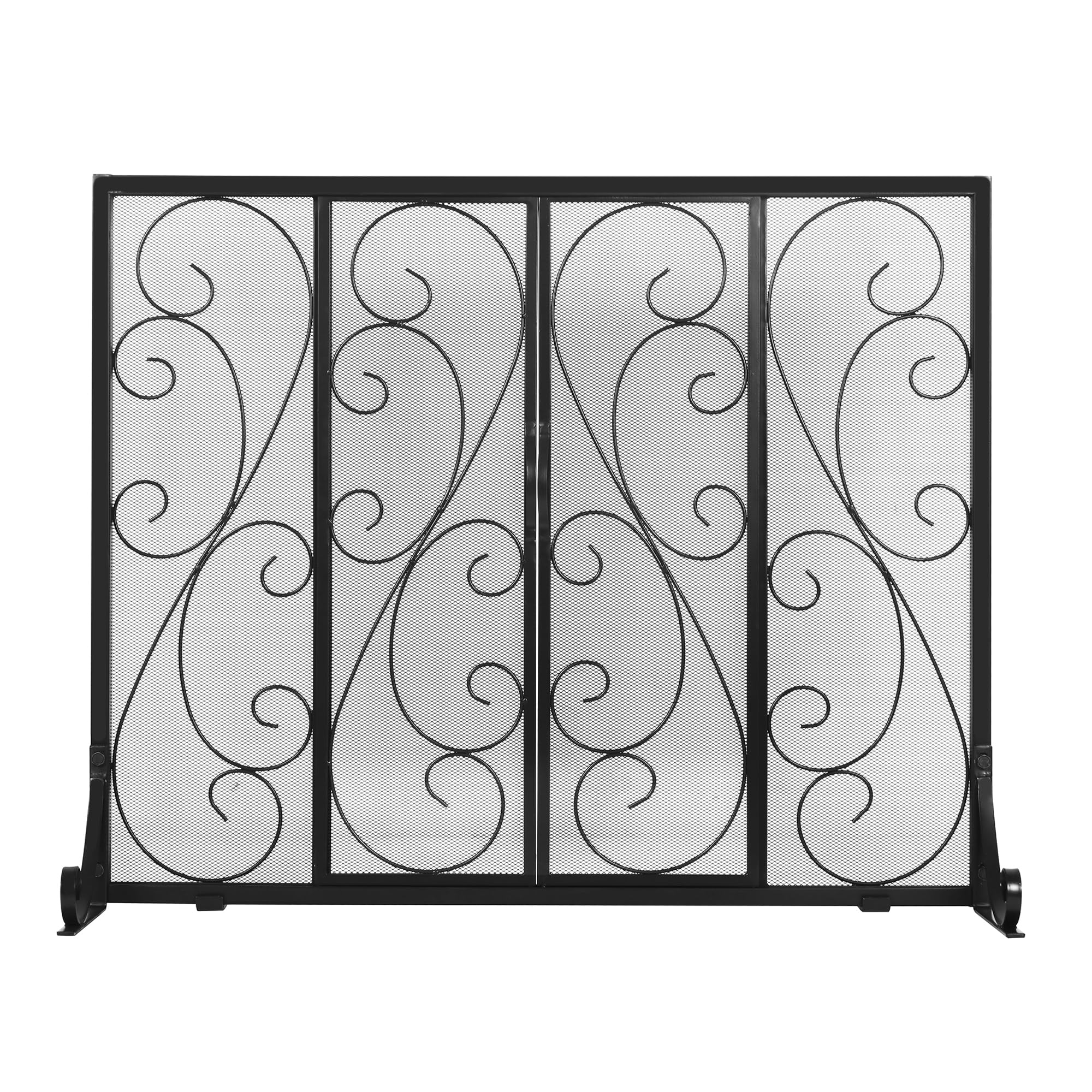 Sliding Door Fireplace Screen, Wrought Iron Mesh Spark Guard Protector for Baby, 39 X 32 inch Flat Fire Place Screens with Decorative Scroll