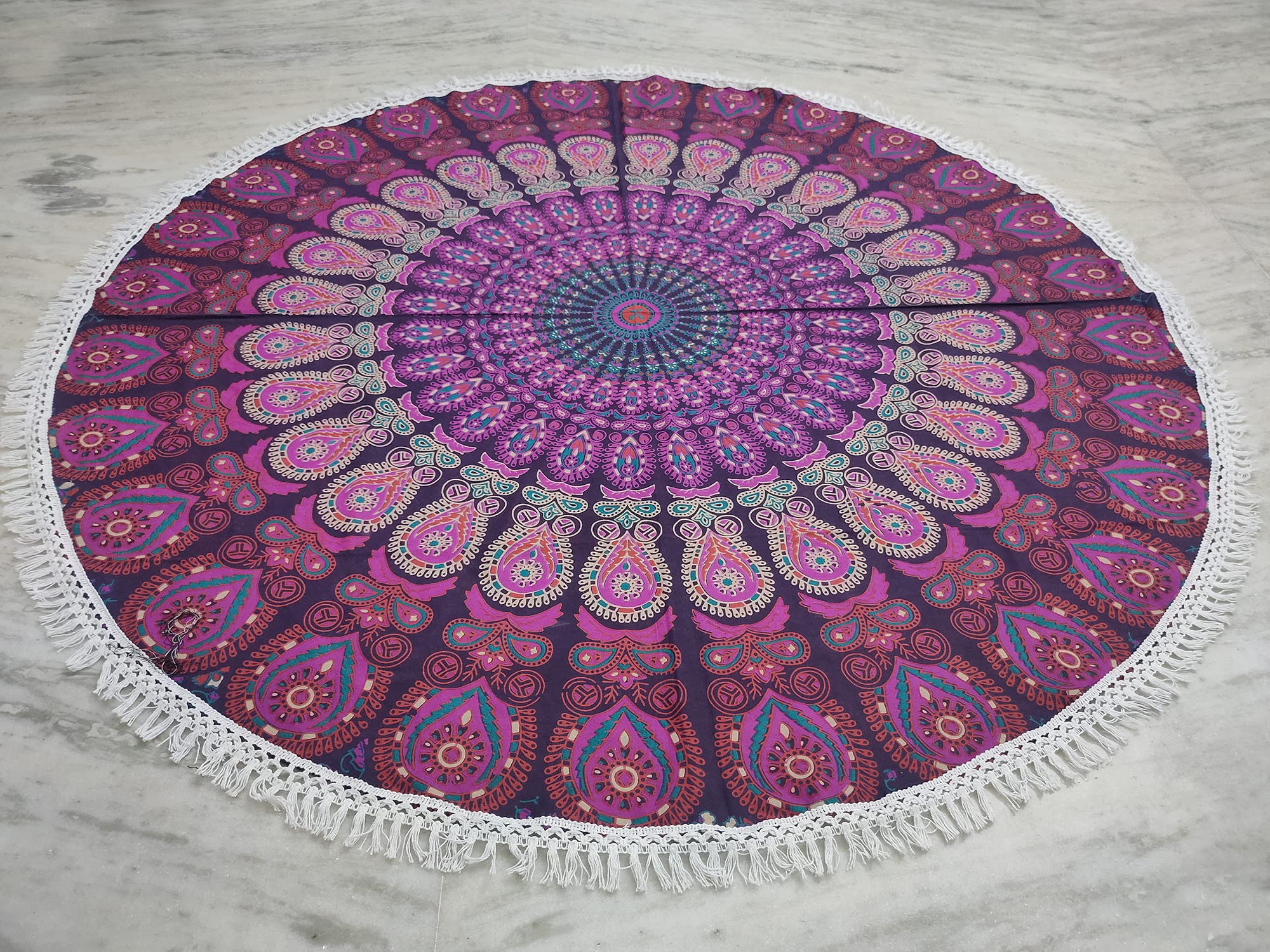 Round Beach Tapestry Turquoise Mandala Throw/Boho Hippie Beach Blanket Roundie/Indian Cotton Bohemian Large Round Table Cloth-Home Decor/Yoga Mat Meditation Picnic Rug (42", White And Pink) 3