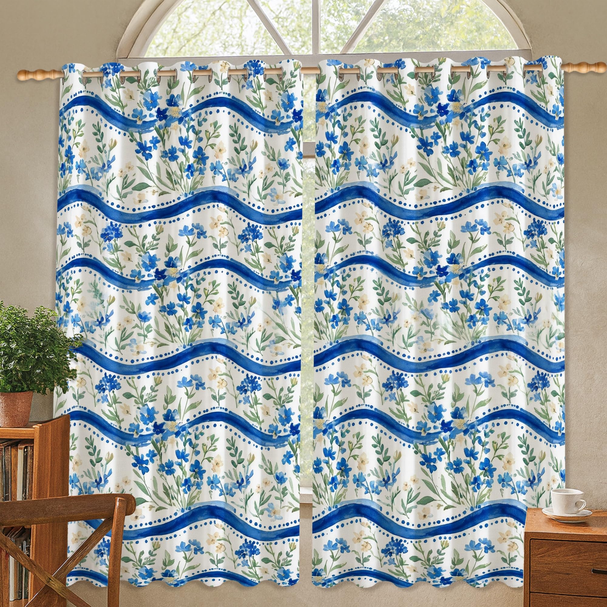 Rideaux occultants bleu printemps haut de gamme à motif floral vagues 106,7x114,3 cm
