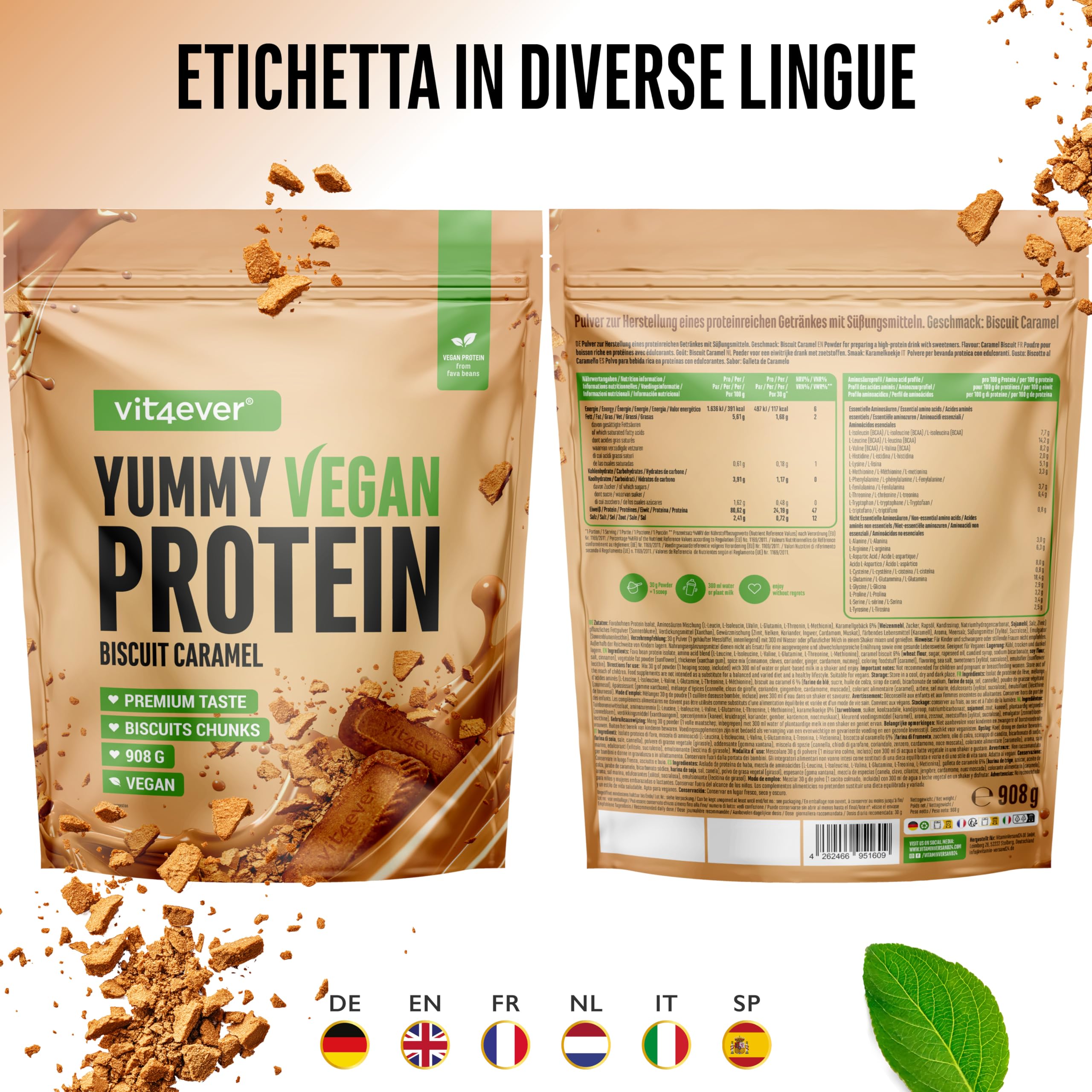 Yummy Vegan Protein Biscuit Caramel con pezzi – Frullato proteico vegetale con 24,1 g di proteine per porzione da isolato di fave con BCAA e amminoacidi – Consistenza cremosa e gusto delizioso – 908 g