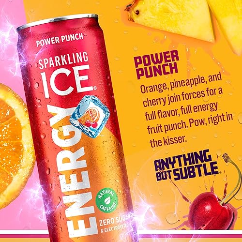 Miniatura 3 de Sparkling Ice +ENERGY Power Punch Agua con gas. Bebidas energéticas con vitaminas y electrolitos, cero azúcar, latas de 12 onzas líquidas (paquete