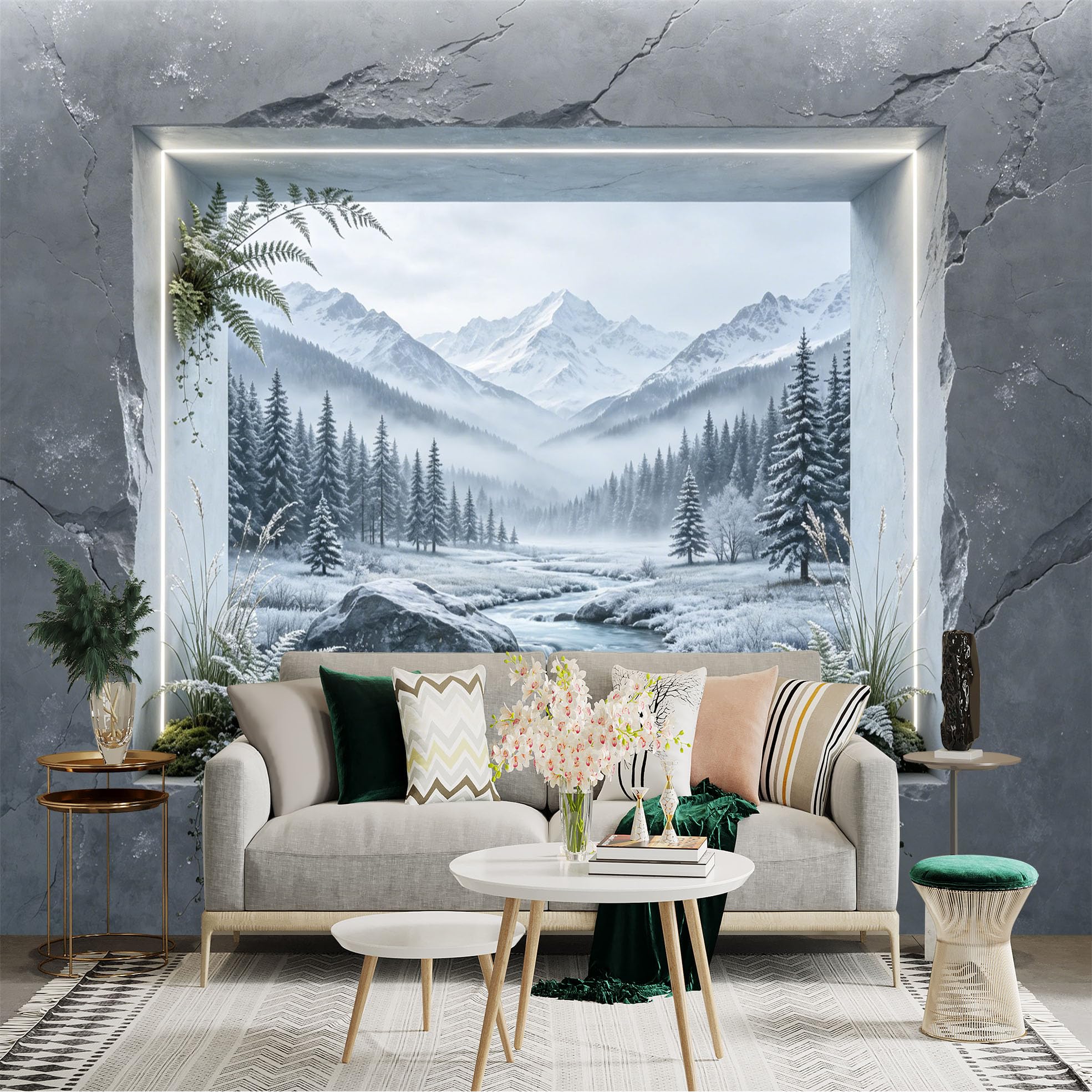 Custom Size Wall Sticker Mural， Winter Mountain Landscape with River， Snow Forest and Frosted Nature Window View， for wall Decoration， peelandstick wall Decals.