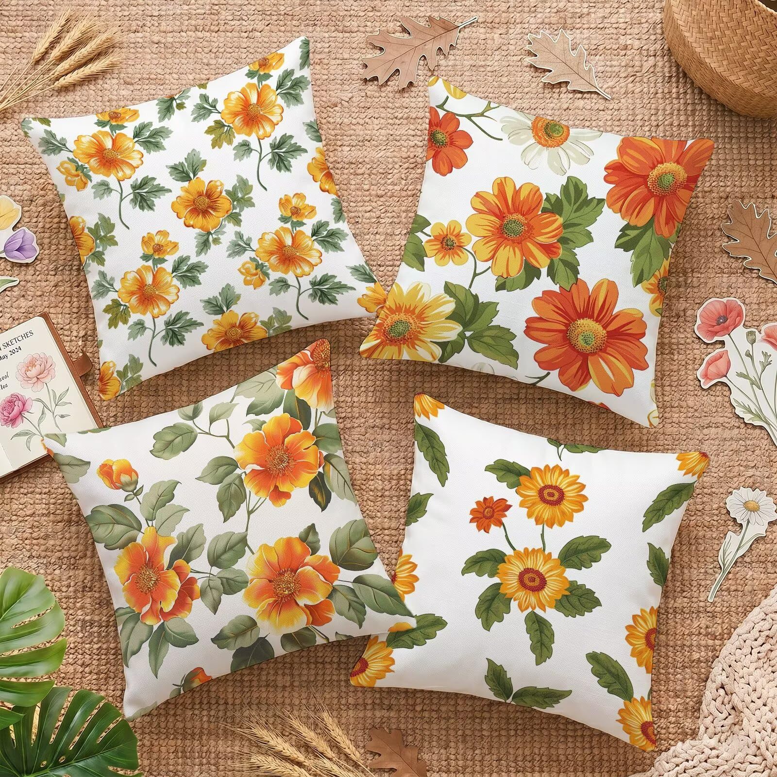 Velours de coussin décoratif 40x40cm orange lot de 4 housses haut de gamme fleur