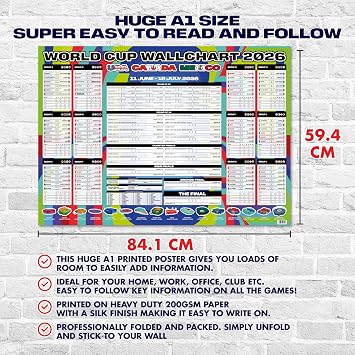 World Cup Wall Chart 2026 - World Cup Chart – Football Tournament Poster Huge A1 Size With Fixtures, UK Kick Off Times, TV Channels, Stadiums & Match Schedule Folded to A4 Multicoloured