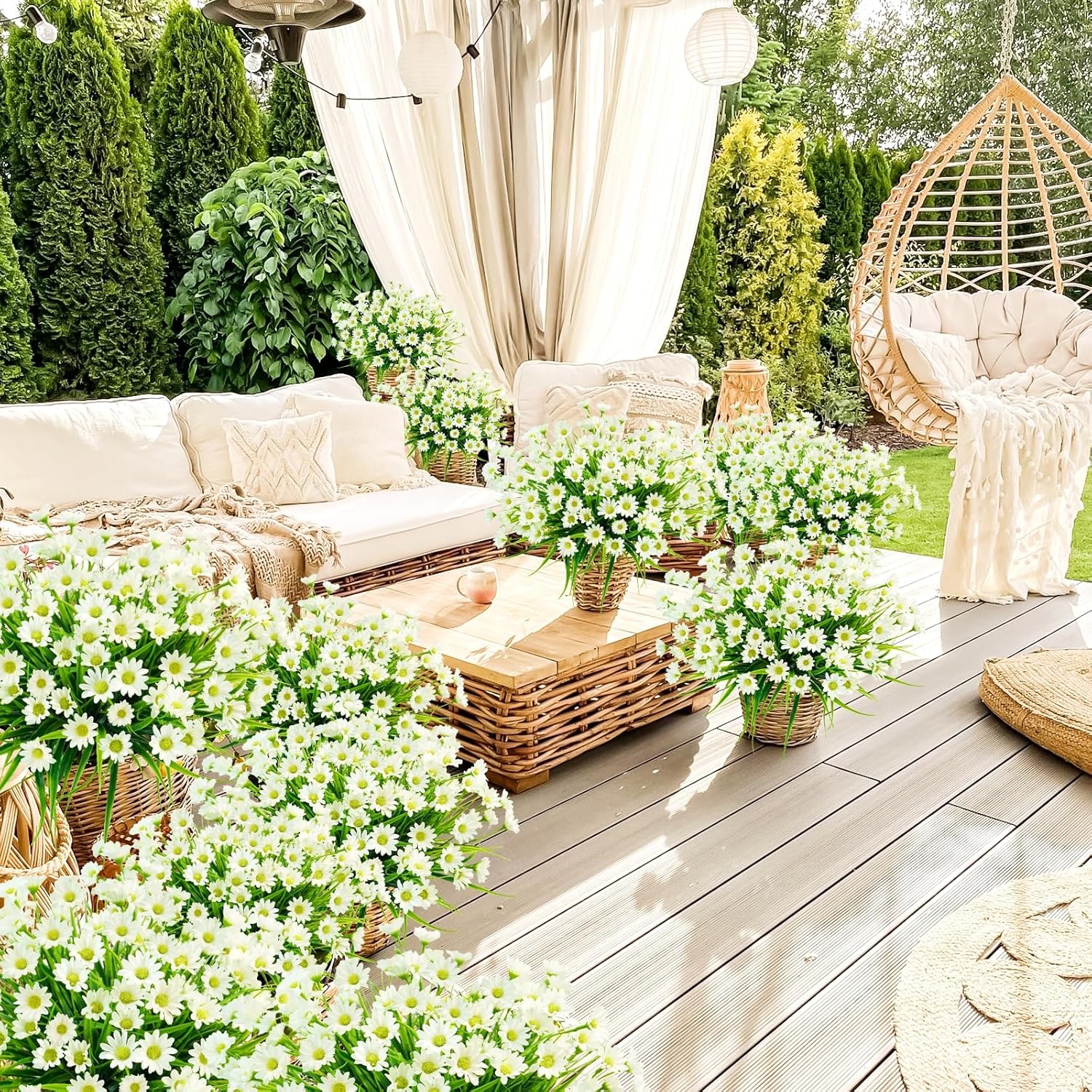 12 Bundles Artificial Daisies Flowers Outdoor UV Resistant Fake Silk Daisy Mums Flowers No Fade Faux Greenery Plants for Home Wedding Garden Window Box Outdoor Planters Spring Decor - White - Image 4