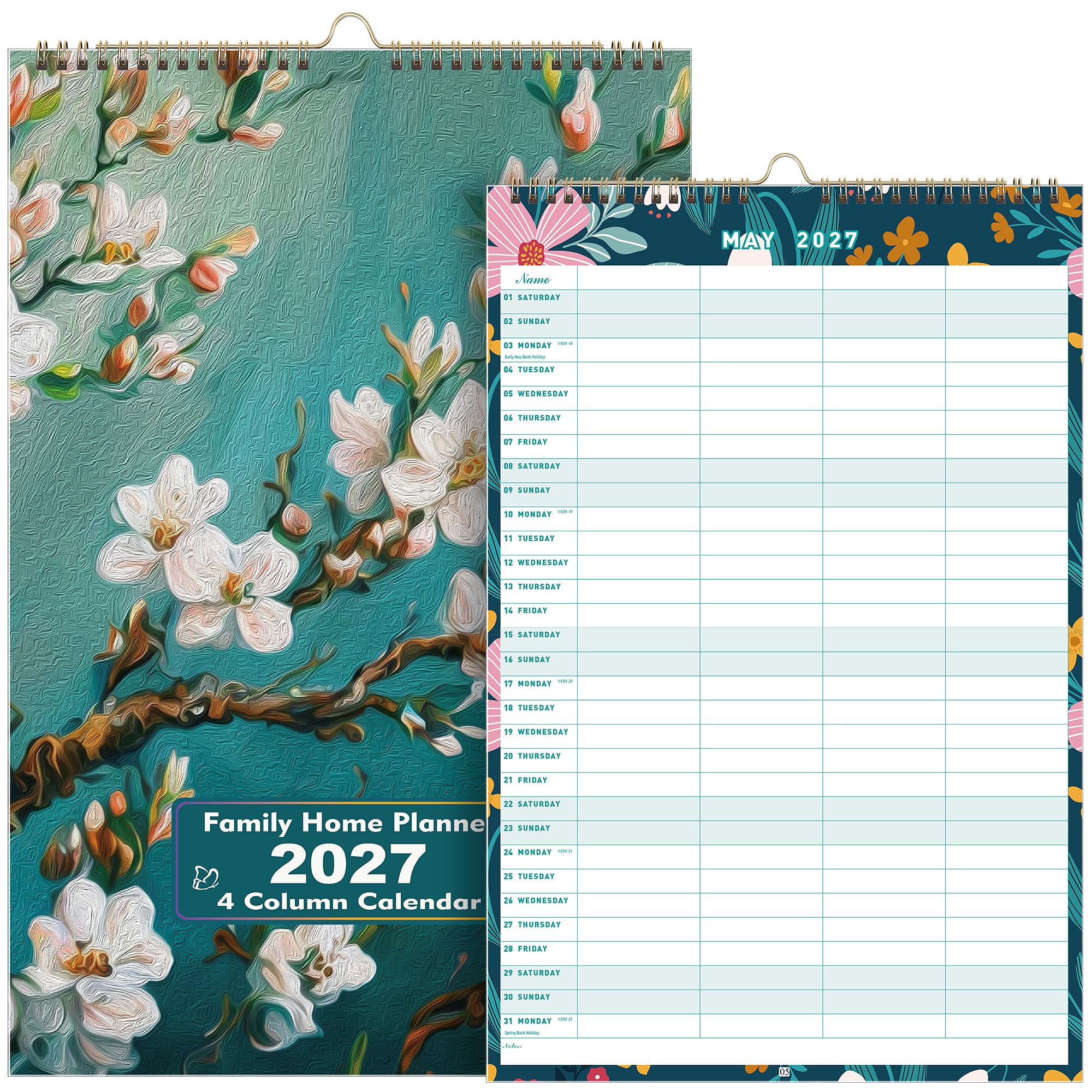 Family Calendar 2027 for UK, 4-Column Layout, 28 x 43 cm