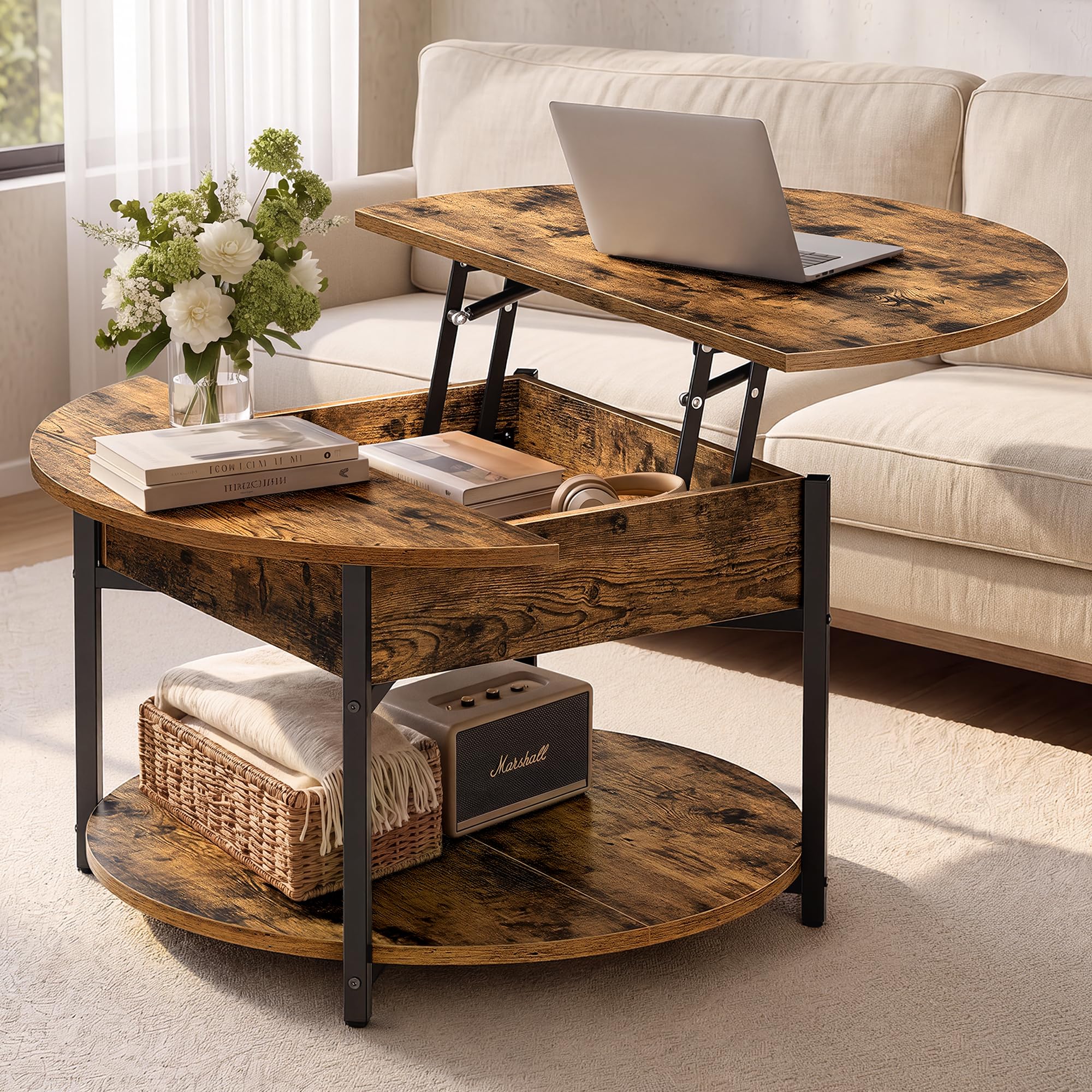 VASAGLE Table Basse de Salon Ronde, Plateau Relevable, Industrielle