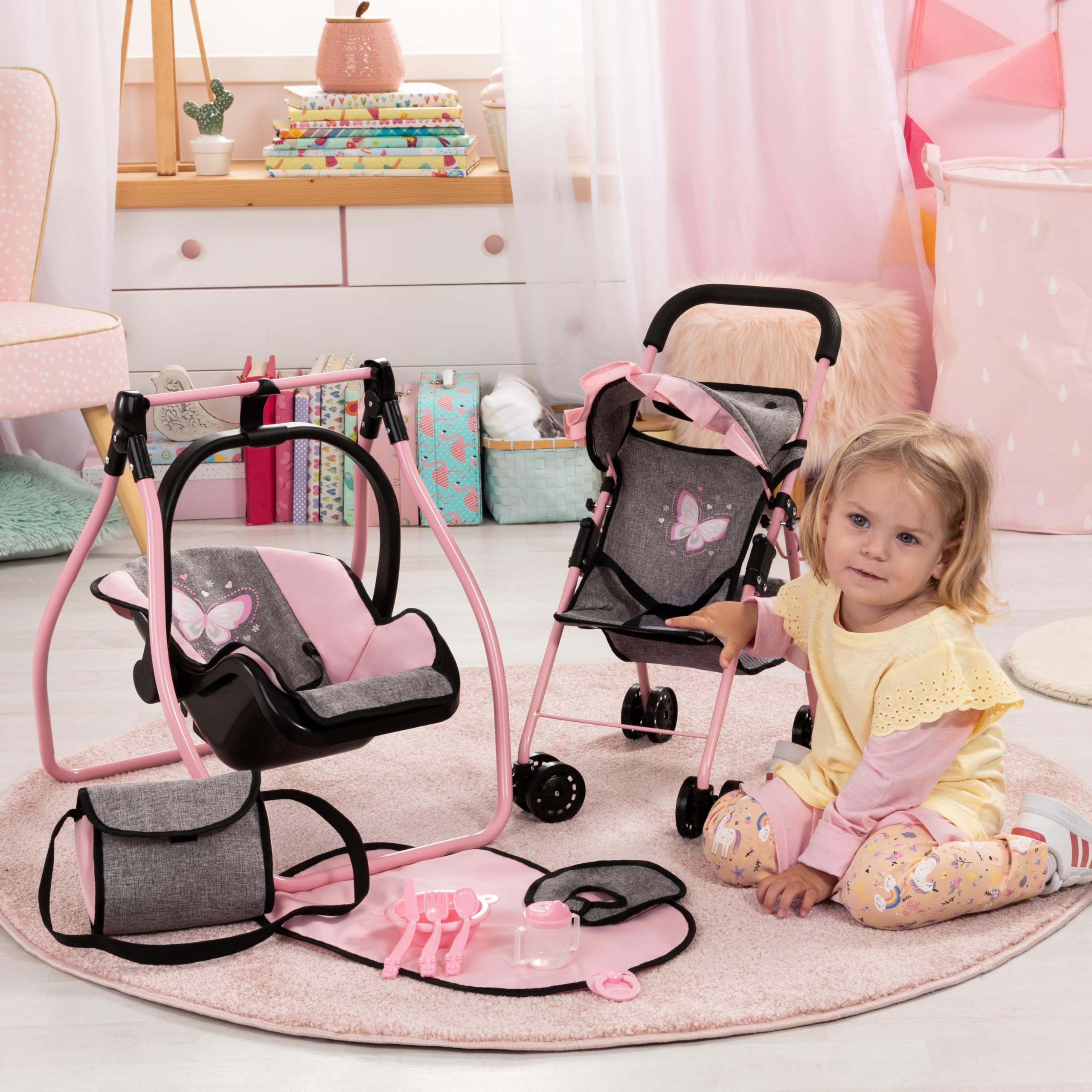 Bayer Design 21533AC Faltbarer Puppenbuggy mit Dach, Doppelräder, Tasche, Wickelunterlage, Wiege, Zubehör, Jeans-grau, Rosa | Doppelräder, zusammenklappbar, für Rollenspiele geeignet
