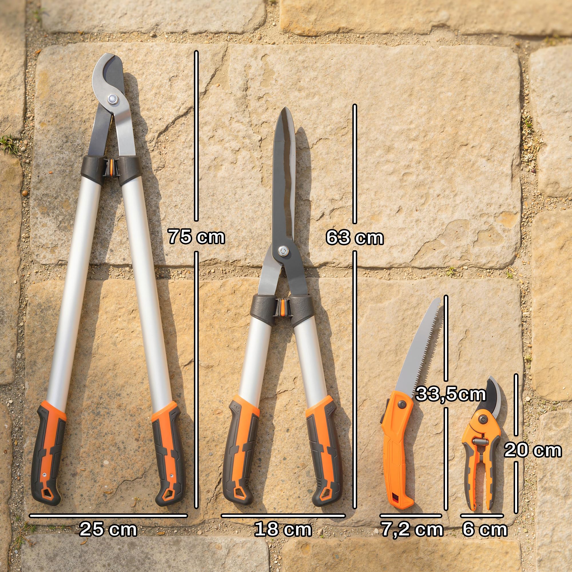 Outsunny Juego de tijeras de jardín de 4 piezas con cortasetos, tijeras de podar y sierra plegable, herramientas de jardín robustas con cuchillas afiladas y mango de aluminio antideslizante