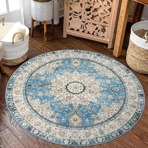 Miniatura 8 de Lahome Alfombra redonda de medallón floral oriental, alfombra redonda pequeña azul de 3 pies, suave, antideslizante, lavable, alfombra de baño,
