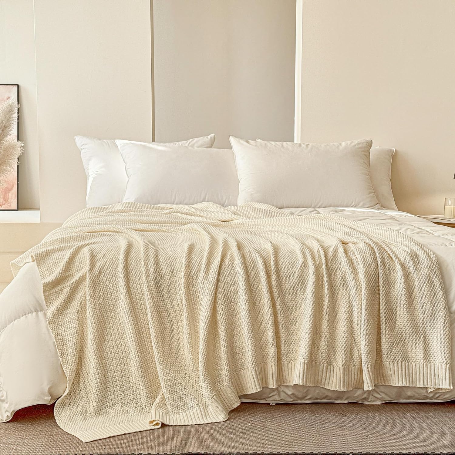 Simple&Opulence 100% Cotton Blanket Queen Size, Solid Color Cable Knitted Blanket Super Soft Comfortable Breathable Decorative Farmhouse for Couch Sofa Bed, All Season Use(White,90x90)