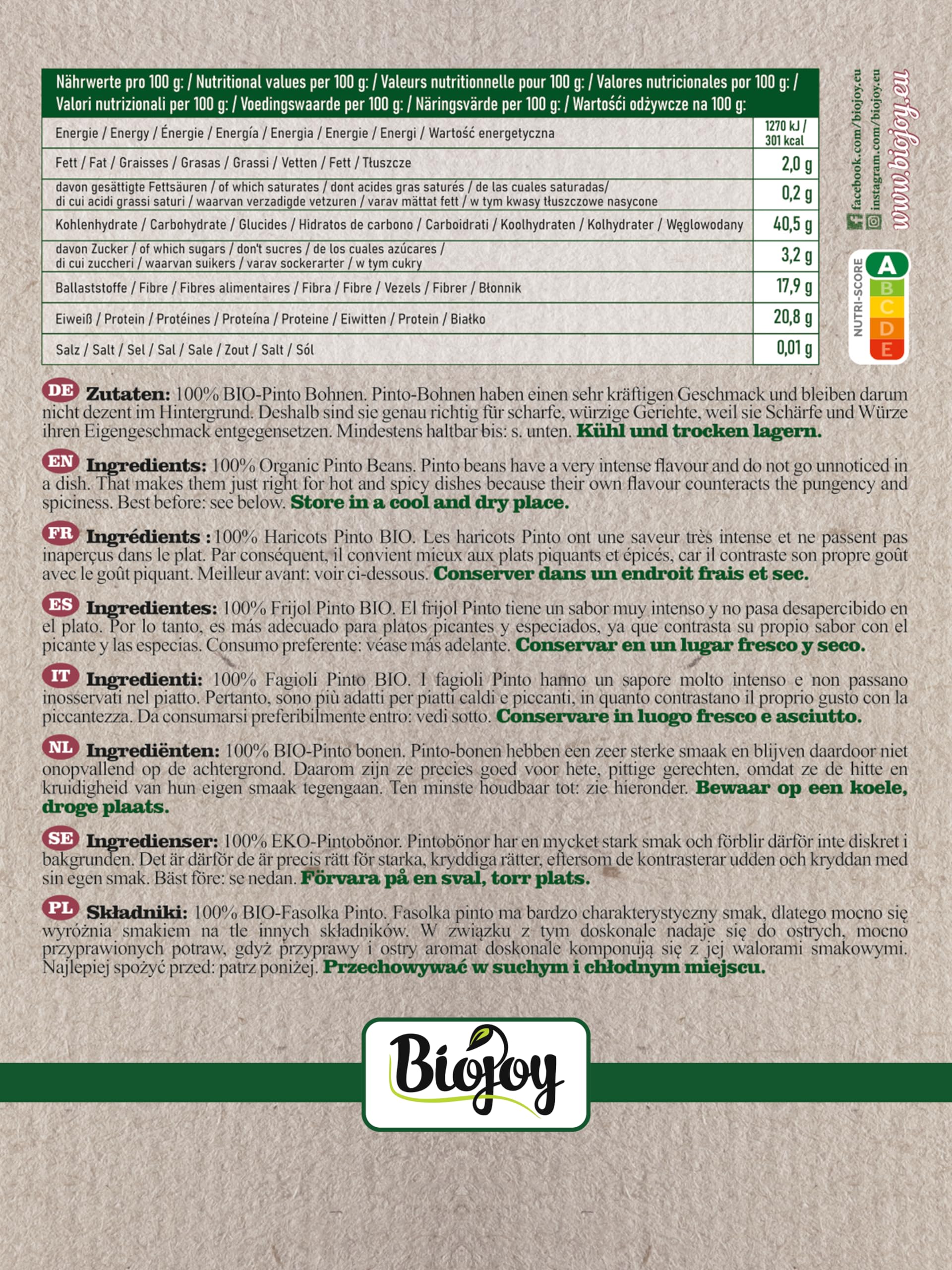 Biojoy Haricots Pinto BIO (1,5 kg), séchés et entières, sans additifs