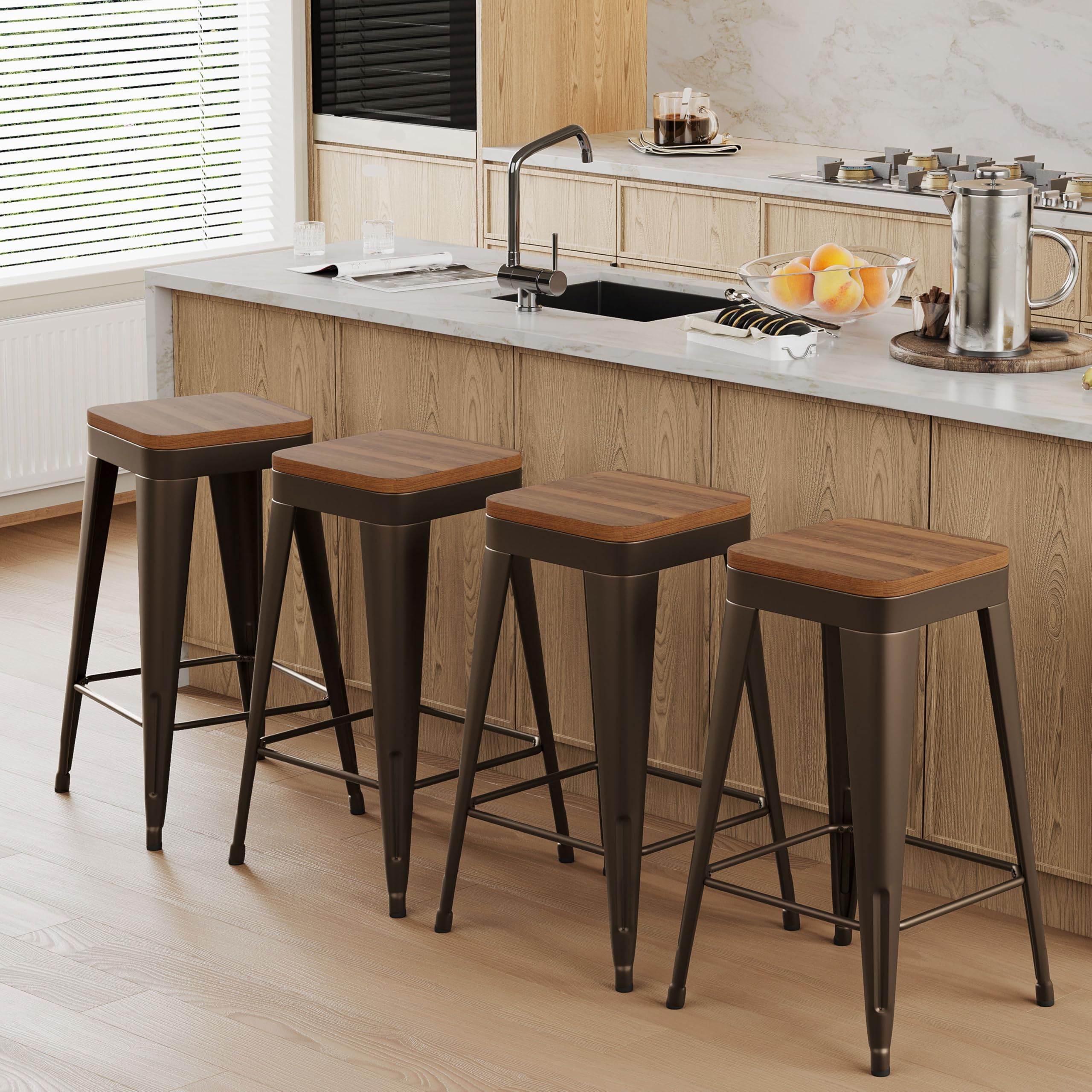 POINTANT Bar Stools Set of 4 Metal Bar Stool Counter Height Bar Stools Black, Modern 26" Bar Chairs Without Back,Wooden Seat Counter Height,Rusty
