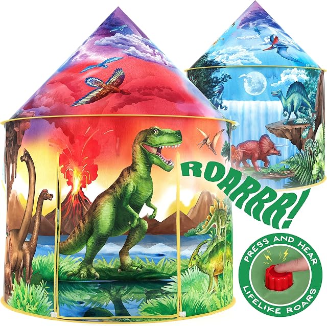 W&O Dino Discovery Play Tent with Roar Button for Indoor/Outdoor Play | Dinosaur Tent for Kids with Roar Button, Dino Adventure Theme & Imaginative Play. Great Gift for Boys & Girls, Ages 3-7
