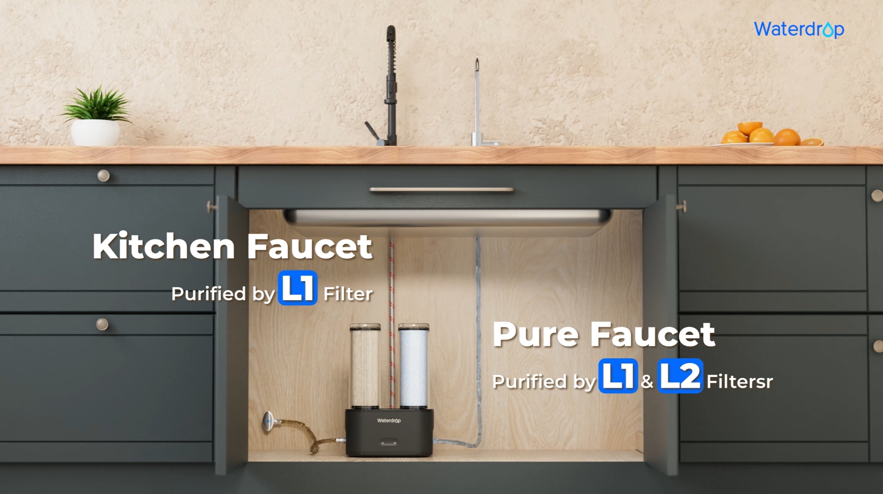 Image of Waterdrop DLG-L Under Sink Water Filter, Reduces Chlorine Lead Chloramine Bad Taste, 2 Stage Under Sink Water Filtration System with Separate Faucet, Life Indicator, Innovative Dual Filtered Flows