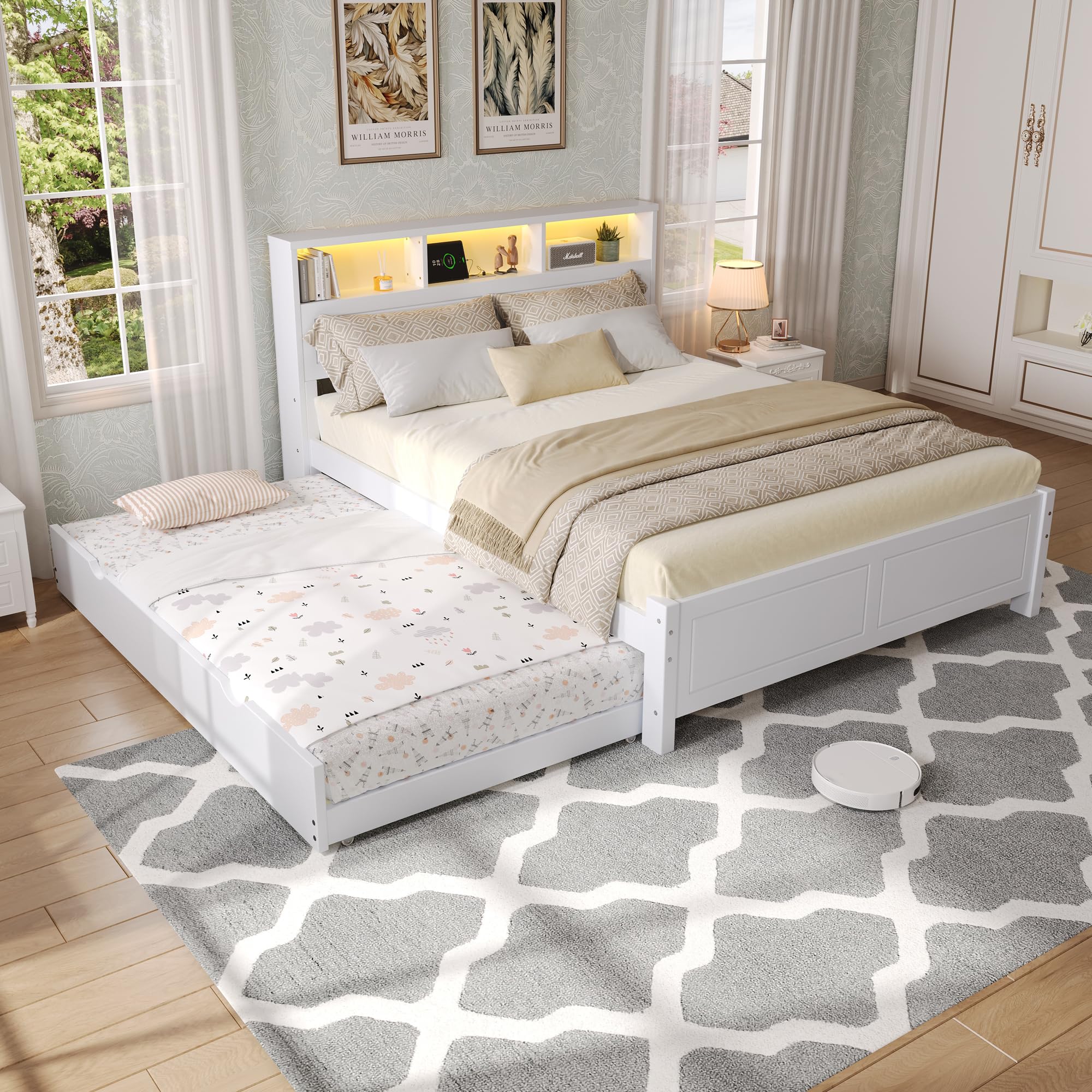 Letto matrimoniale, letto piatto, letto familiare, con strisce luminose ambientali, presa di ricarica integrata, con letto estraibile, vano testiera, telaio in pino + MDF, bianco, 120 x 200 e 90 x 190