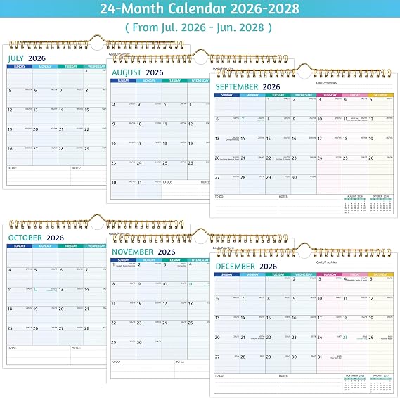 Wall Calendar 2026-2028 Jul 2026 Jun 2028, 2 Year Calendar 2026-2028, 11 x 8.5 In, 2026 Calendar 24 Months, Small Monthly Calendar with Ruled Blocks, Thick Paper, Holidays, To-dos & Notes
