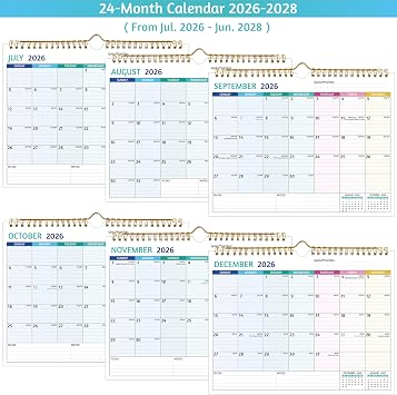 Wall Calendar 2026-2028 Jul 2026 Jun 2028, 2 Year Calendar 2026-2028, 11 x 8.5 In, 2026 Calendar 24 Months, Small Monthly Calendar with Ruled Blocks, Thick Paper, Holidays, To-dos & Notes