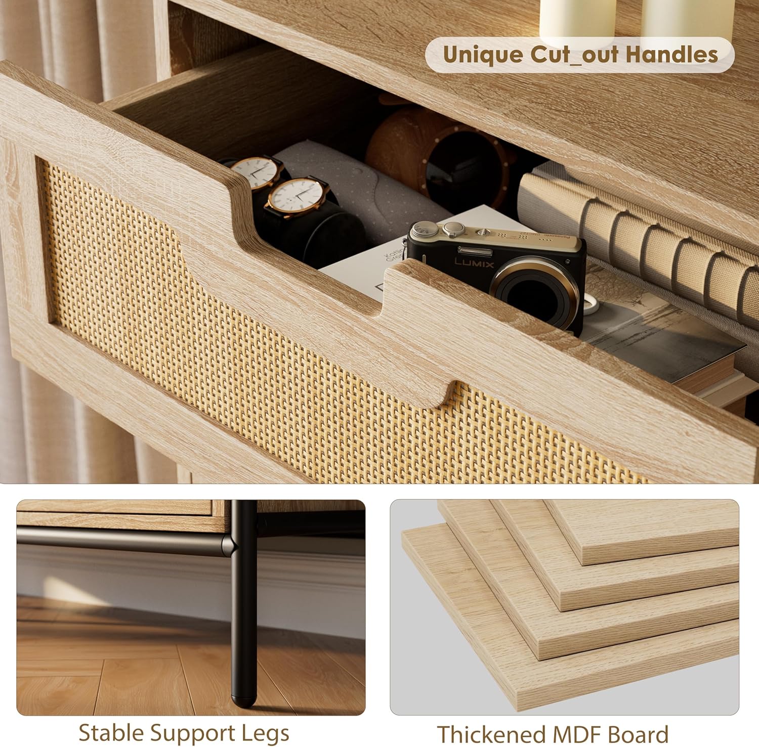 IDEALHOUSE Natural Rattan 5-Drawer Tall Dresser,Wooden Chest with Deep Drawers & Sturdy Legs,Versatile Cabinet for Bedroom, Living Room,Entryway, Nursery,Oak