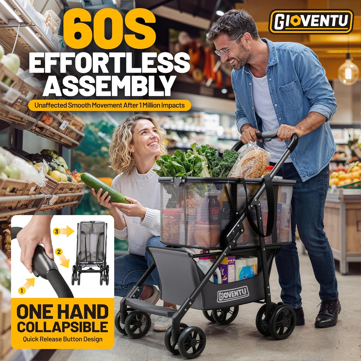𝟐𝟎𝟐𝟔 𝐔𝐩𝐠𝐫𝐚𝐝𝐞𝐝 Folding Shopping Cart with Wheels, 80lbs Multi Use Grocery Carts with 360° Wheels & Removable Tote Bag, Multifunctional Portable Personal Shopping Carts for Groceries, Black