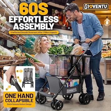 2026 Upgraded Folding Shopping Cart with Wheels, 80lbs Multi Use Grocery Carts with 360 Wheels & Removable Tote Bag, Multifunctional Portable Personal Shopping Carts for Groceries, Black