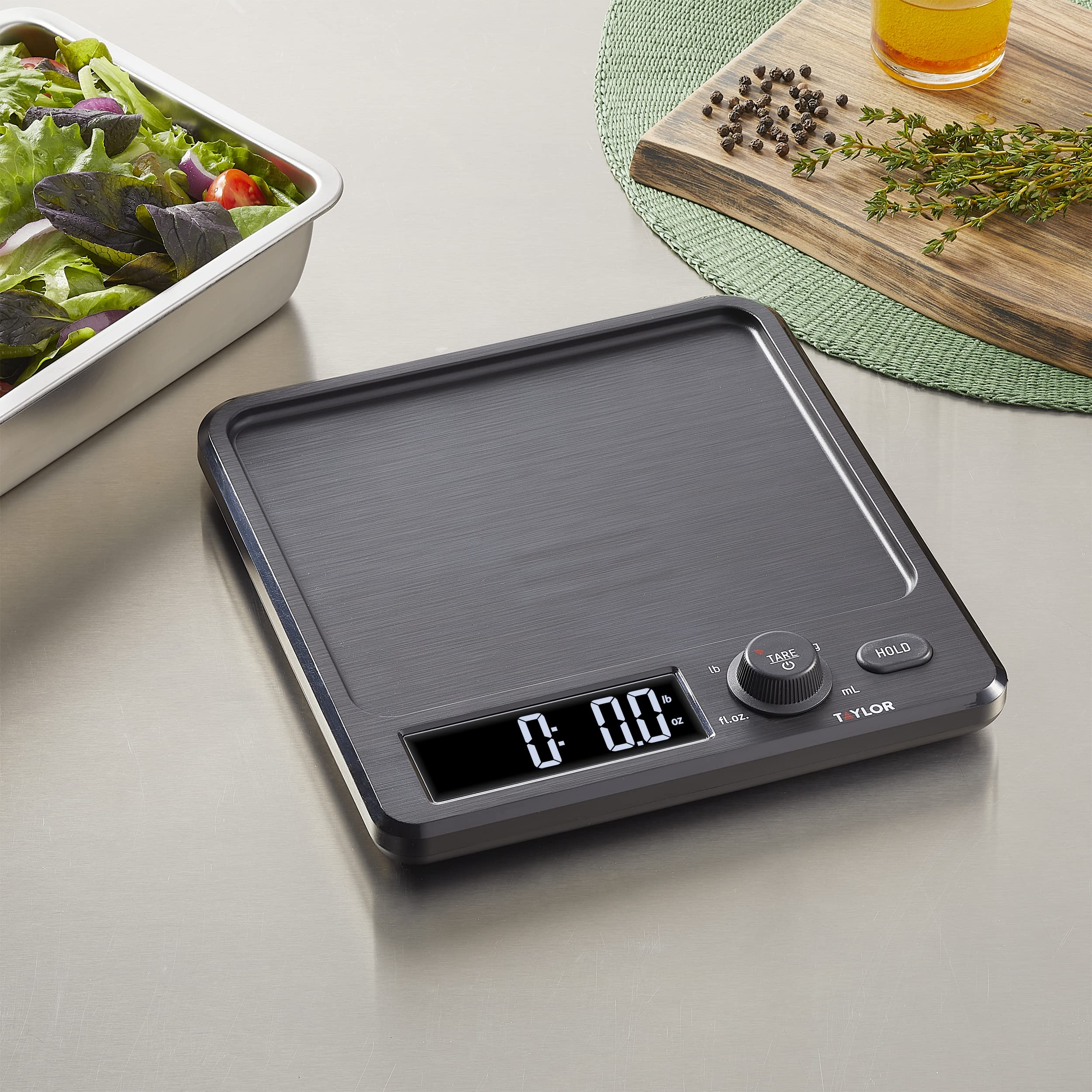 Taylor Precision Products Digital Kitchen Scale with Dishwasher Safe Stainless Steel Container and Snap On, 22 pound capacity, Black