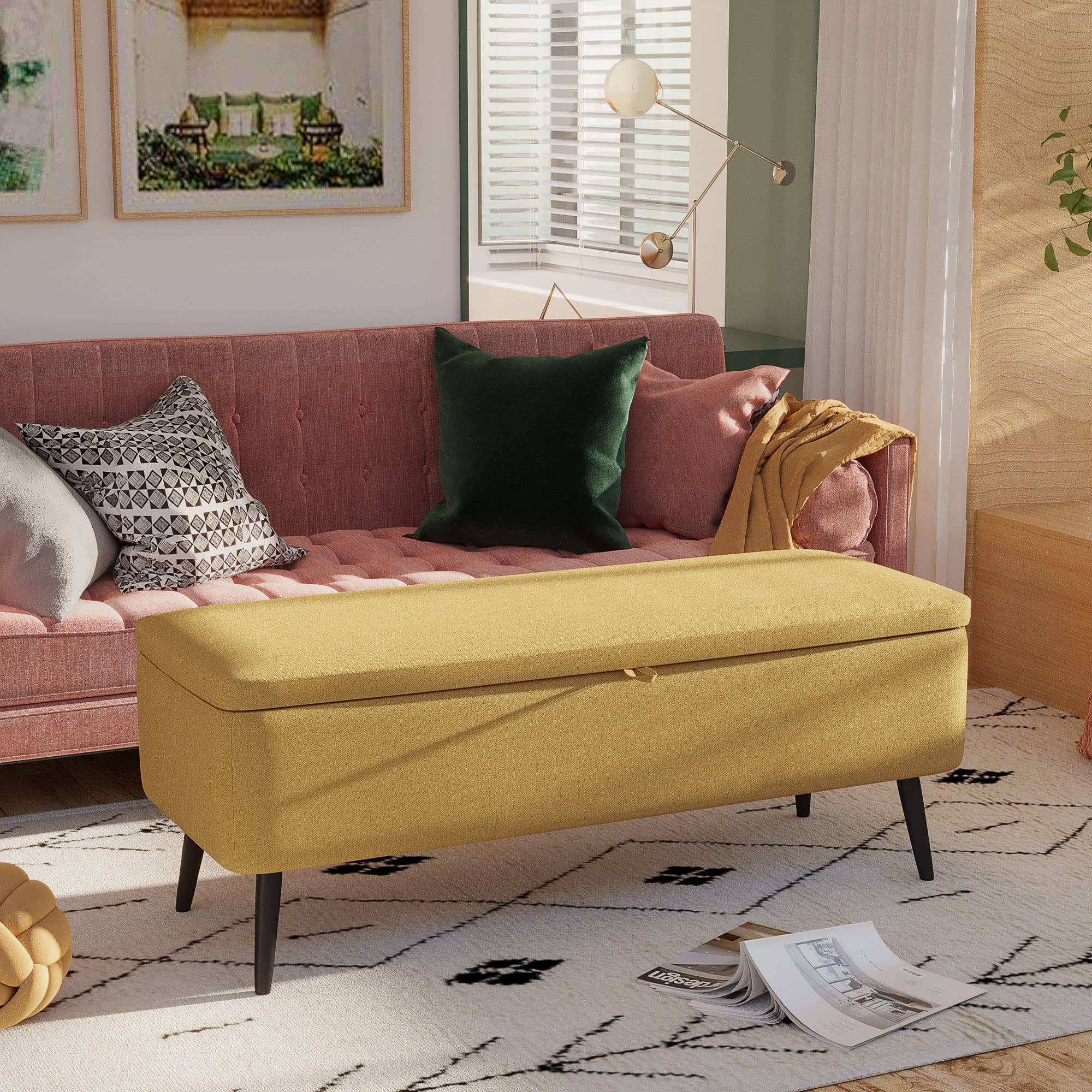 HOMCOM Sitzbank mit Stauraum, Polsterbank mit Leinenoptik, Sitztruhe mit Stahlbeine, Truhenbank für Wohnzimmer, Flur, Schlafzimmer, Bettbank bis 150 kg belastbar, 101 x 38,5 x 44,5 cm, Gelb