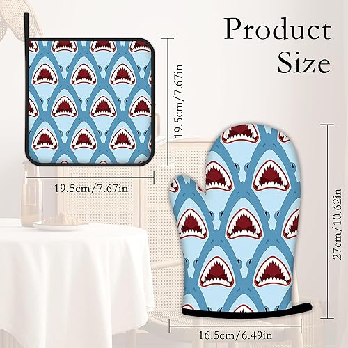 Miniatura 4 de Divertidos guantes de horno de tiburón y soportes para ollas de cocina, juego de 2 piezas, almohadilla resistente al calor para hornear, barbacoa,