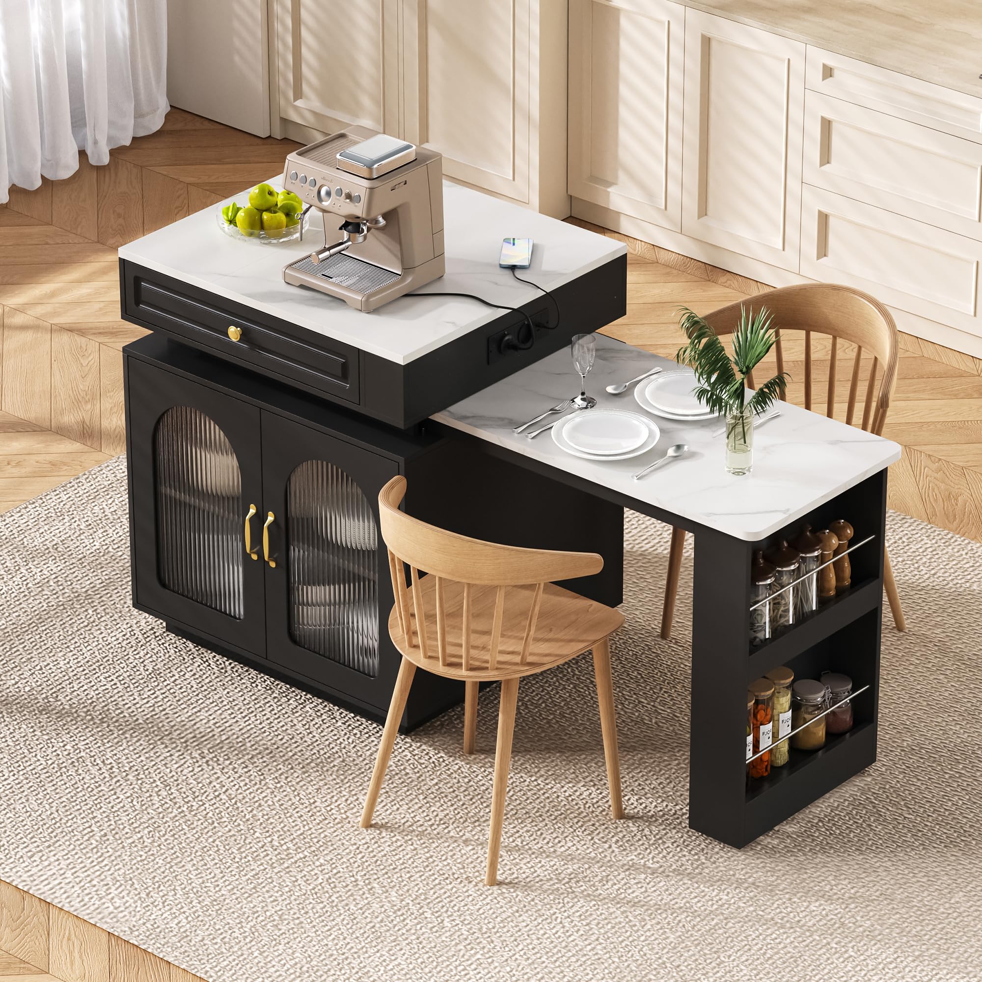 Isola da cucina illuminata a LED su ruote, tavolo da pranzo allungabile con barra multi-uscita, credenza nera per cucina e sala da pranzo, design moderno e versatile