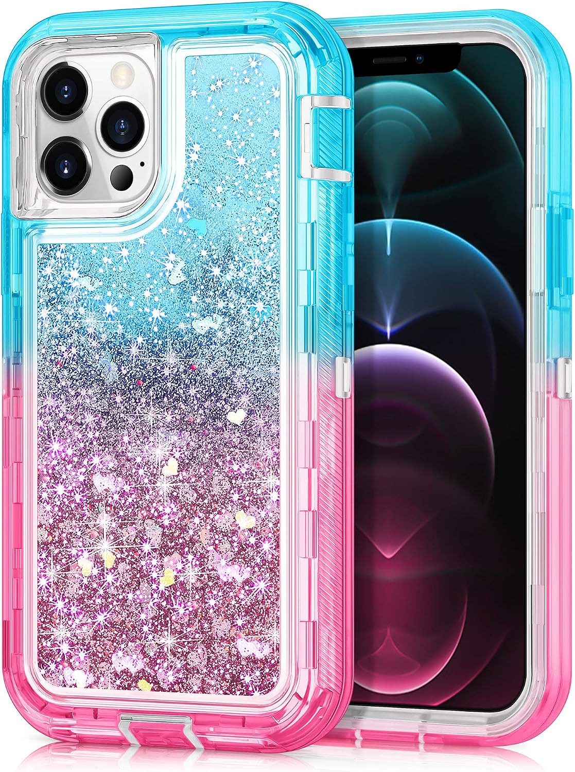JAKPAK Compatible with iPhone 12 Pro Max Case for Girls Women Glitter Sparkle Case Heavy Duty Shockproof Protective Case with PC Bumper TPU Cover Compatible with iPhone 12 Pro Max 6.7 inch Teal Pink