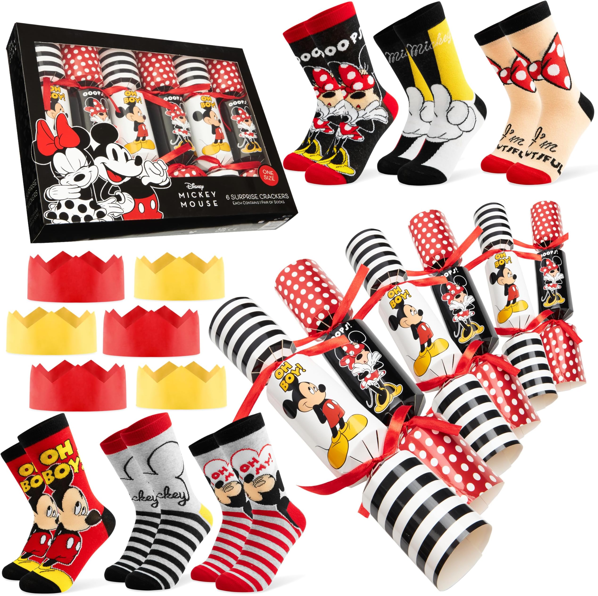 Disney Luxury Christmas Crackers, Pack of 6 Deluxe Xmas Crackers with One Size Calf Length Socks Inside, Fun Novelty Christmas & Party Table Gifts (Black Minnie Mickey - Adult)