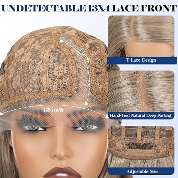 HAIRCUBE Synthetic T Lace Front Wig,Side-Parted Glueless Lace Wigs for Women, 16-Inch Shoulder Length Wavy Style for Daily Wear, Party & Date (Mixed Ash Blonde)