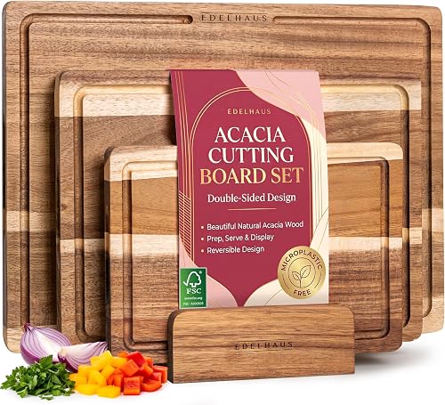 EDELHAUS Acacia Wood Cutting Board Set of 3, Double-Sided Serving Boards | Double-sided chopping boards: cut one side, serve on the other; FSC wooden, non-toxic, large kitchen boards for charcuterie