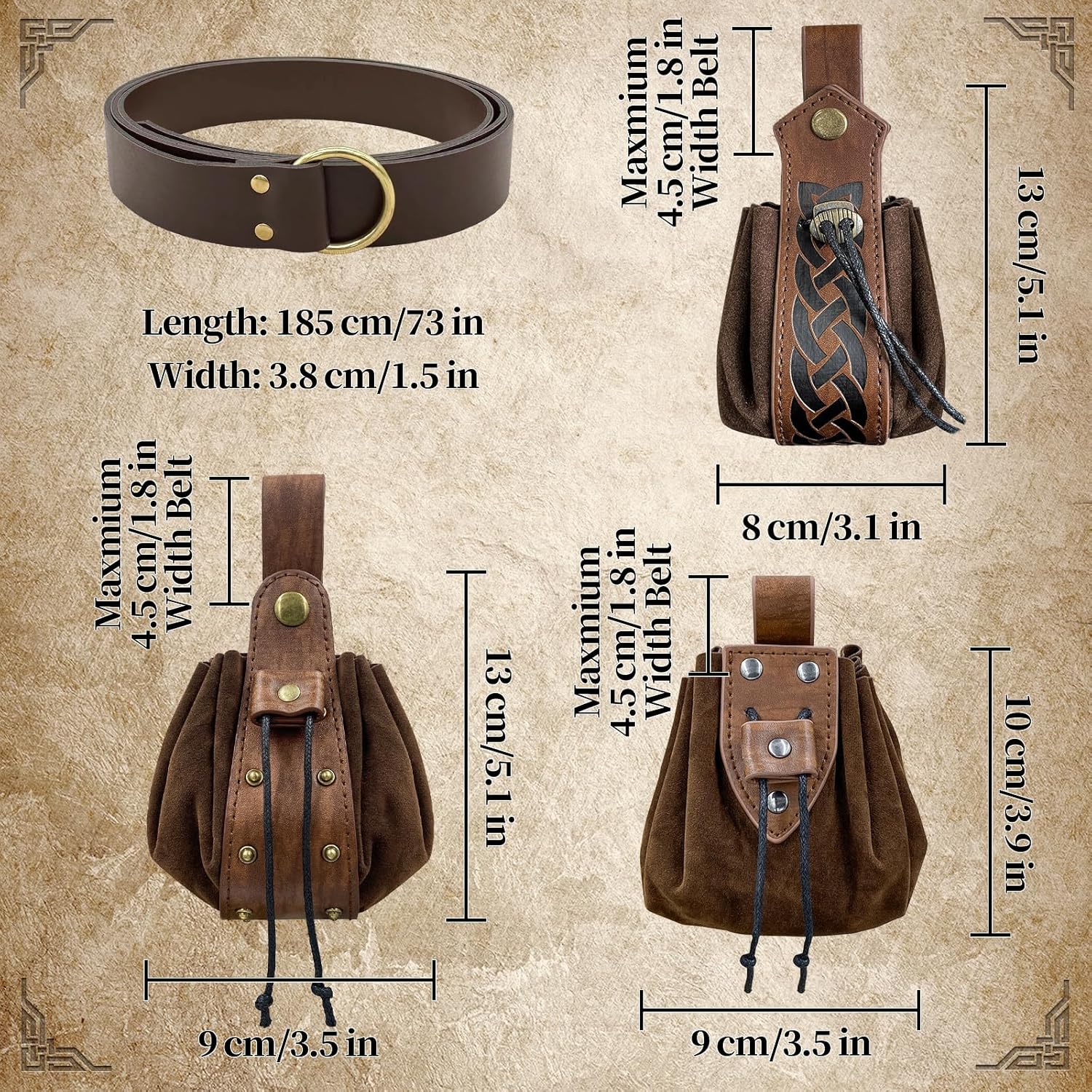 4 PCs Medieval O Ring Belt and Drawstring Pouch Set, Retro Faux Leather Belt Bag Dice Bag Portable Coin Purse For LARP (Brown A) - Image 4