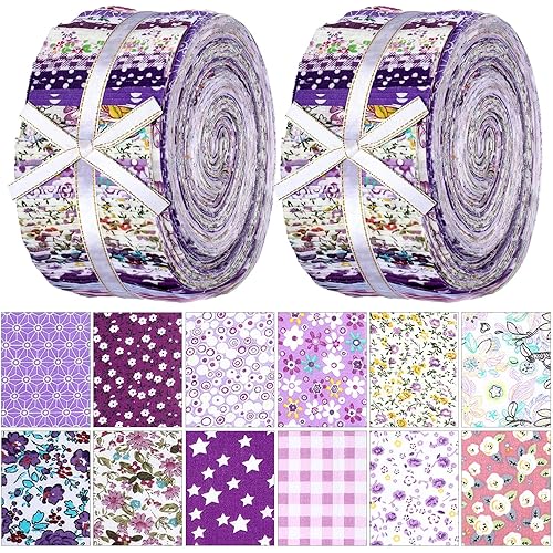 Ganeen 100 Pcs Purple Floral Quilting Fabric Roll 2. 56 Inch Fabric Squares Jelly Patchwork Precut Strips Bundles for Holiday Materials Craft DIY Sewing Cloths