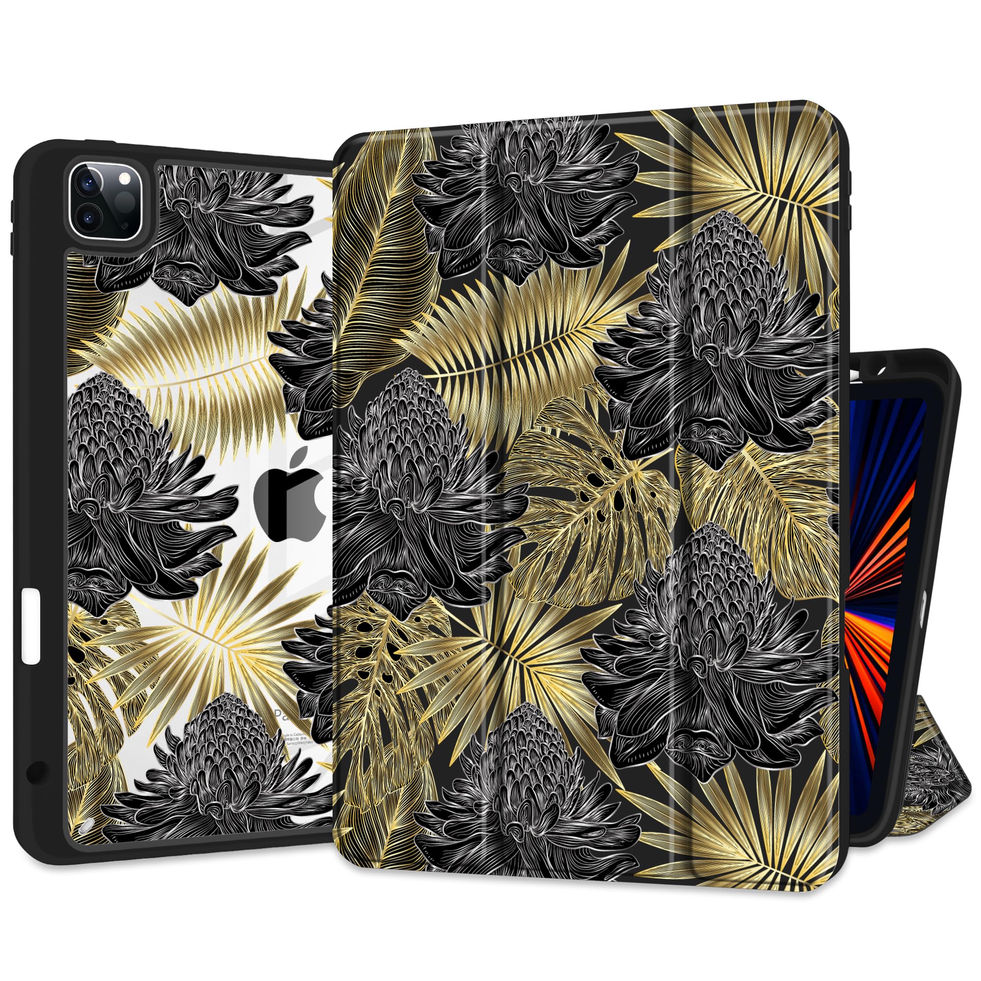 MEEgoodo for iPad Pro 11 inch Case M2 4th/3rd/2nd/1st Generation 2022 2021 2020 2018, Soft Cover with Acrylic Transparent Back Shell, Tablet Case with Pencil Holder+Auto Wake/Sleep, Tropical Leaf Palm