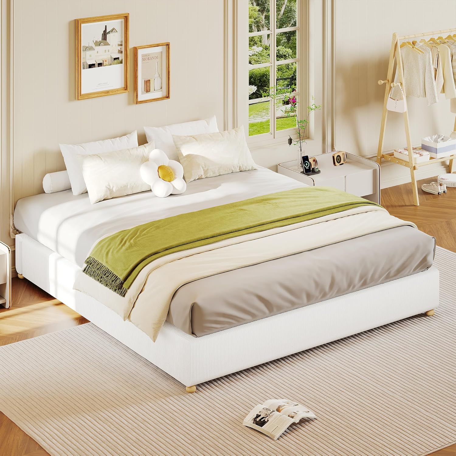 GAOMON Full Size Cloud Bed Frame,Upholstered Platform Bed with Solid Wood Legs, Corduroy Low Bed Frame for Bedroom,No Fixed Headboard, No Box Spring Needed,Noise Free, Easy Assembly,White