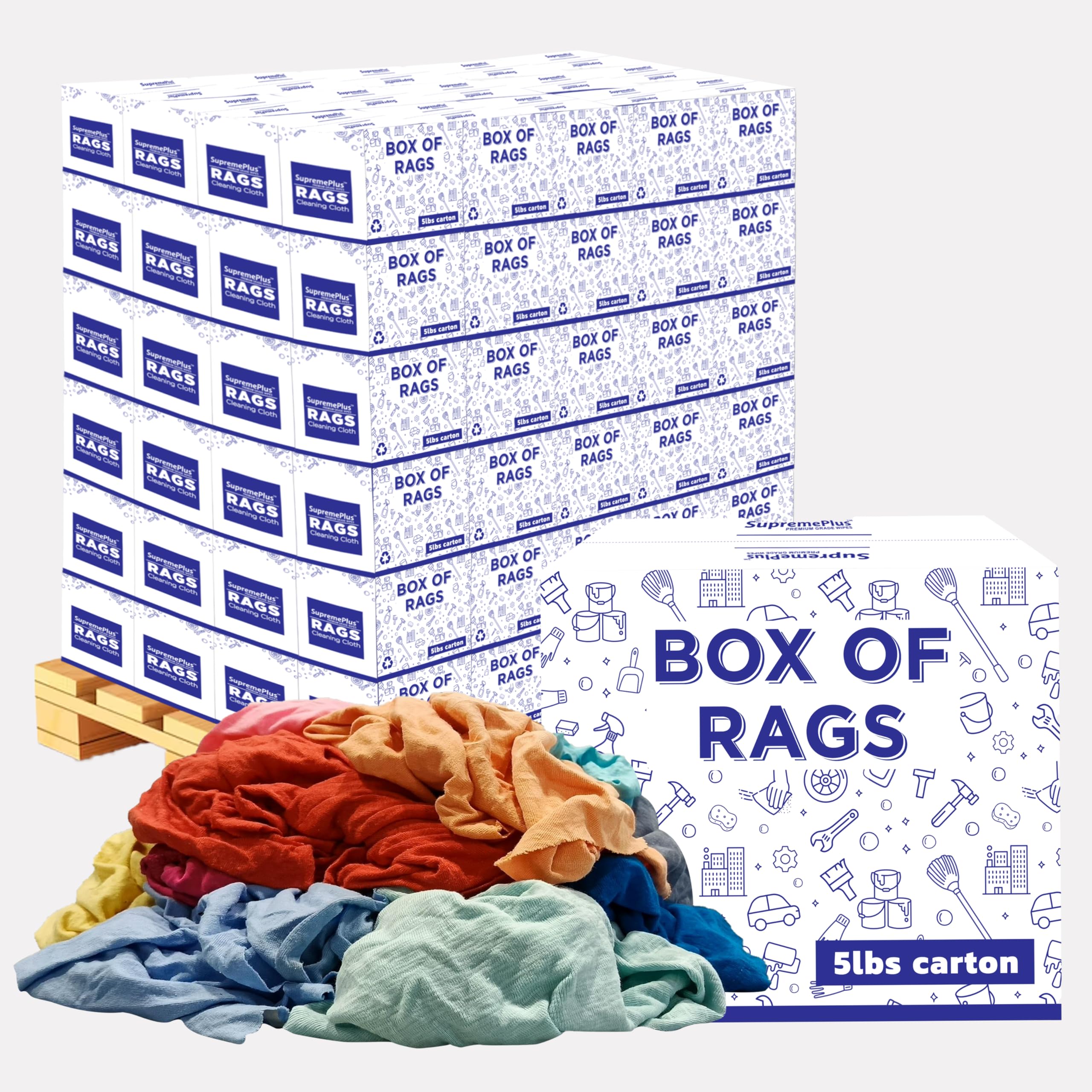 Premium Color Knit Cleaning Rags 120x5 lbs Boxes Pallet Shop Cloths Bulk for Workshops Mechanics Painters and Home