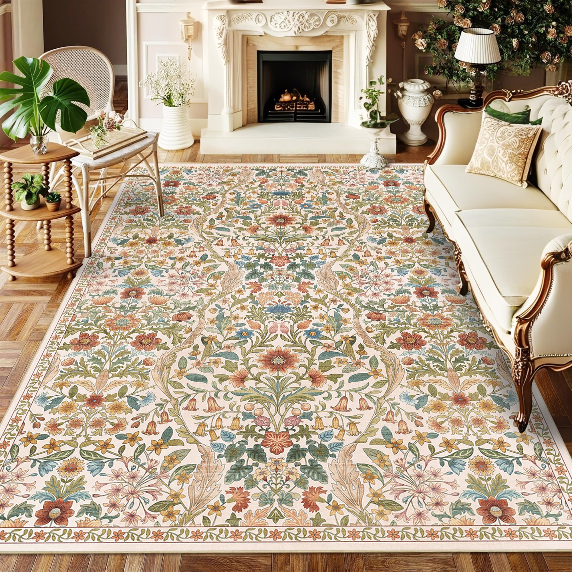 Floral Area Rug 5x7 Washable Botanical Carpet for Living Room