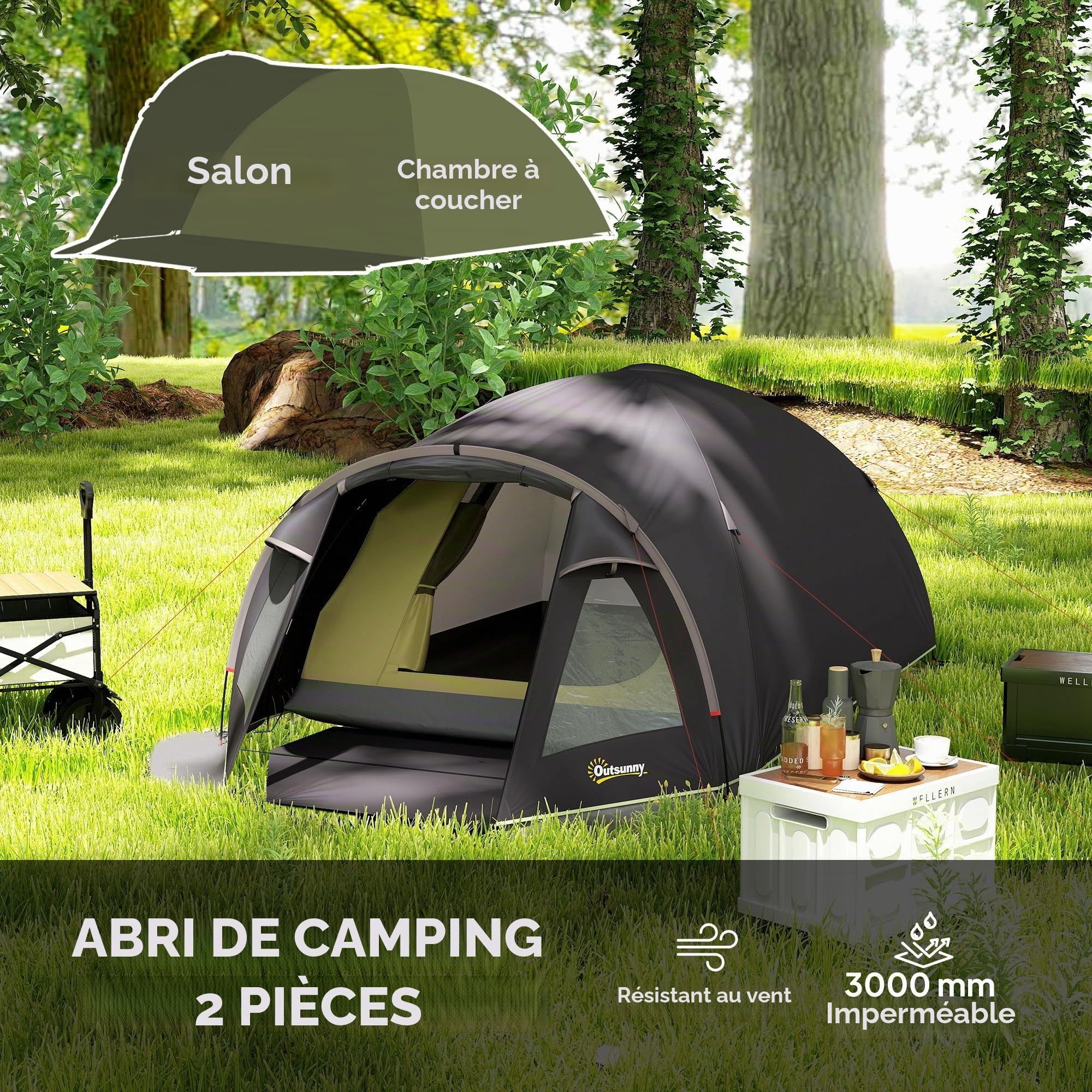 Outsunny Tente Tunnel Camping 3000mm 2 pièces 330x190x120cm Noir