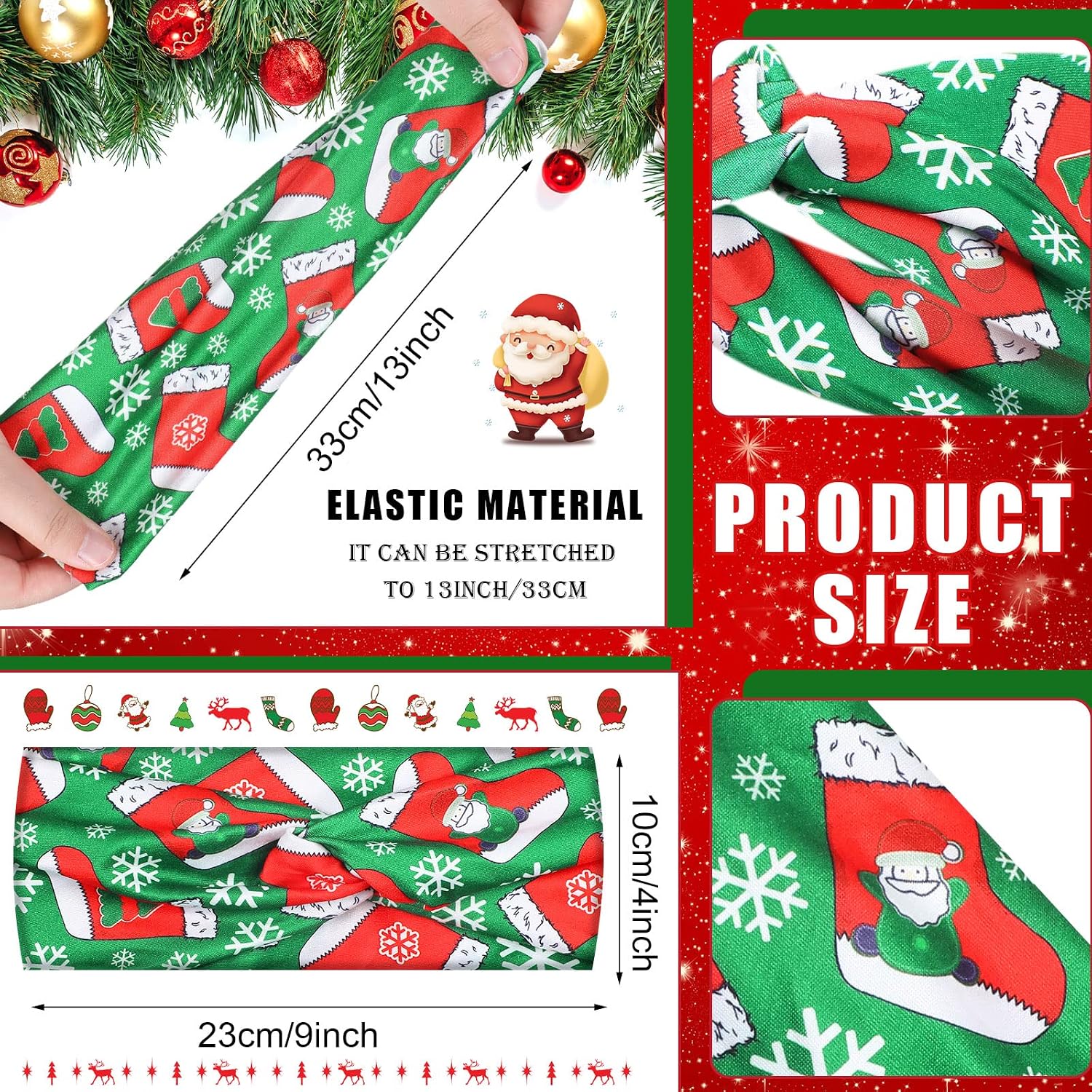 Giegxin 20 Pcs Christmas Headband for Women Christmas Stretchy Twisted Headbands Elastic Hair Bands Santa Claus Snowman Wide Knotted Hair Accessories for Girls Party