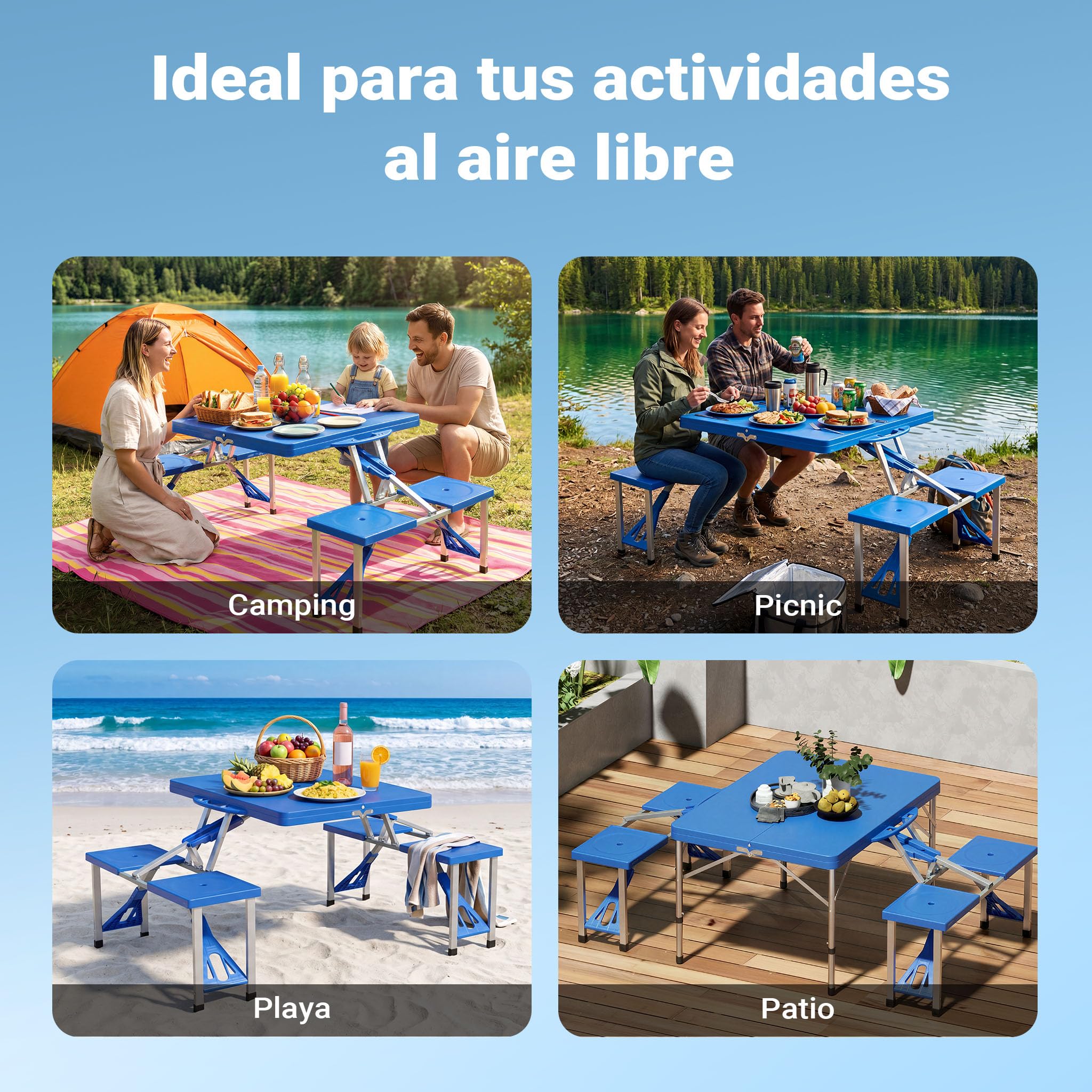 WilTec Set de Camping Plegable Mesa y 4 Asientos en una Pieza Outdoor Picnic Acampada Vacaciones Excursión