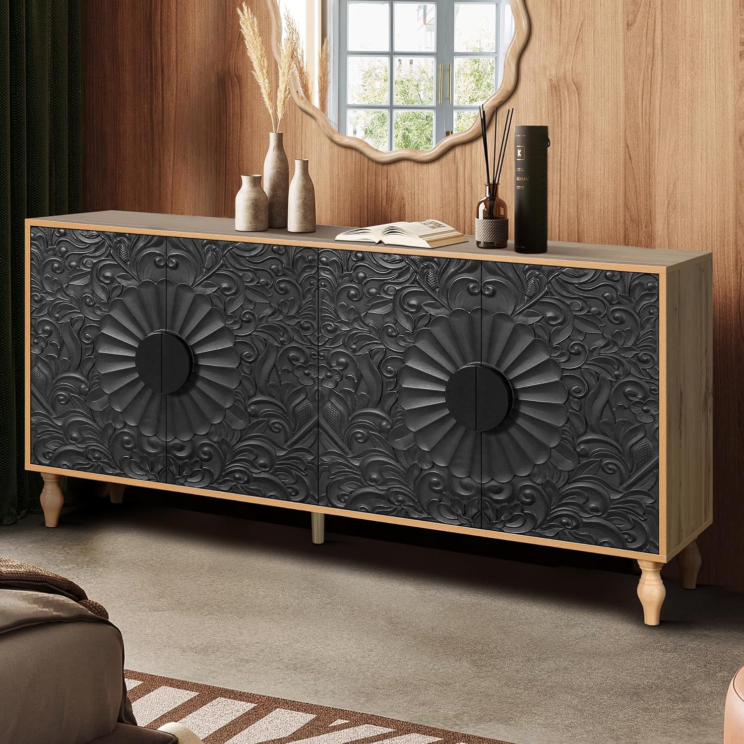 YOPTO Accent Freestanding Storage Cabinet,Vintage-Inspired Large Faceted Carved & Spliced Doors TV Stand Table with 4 Doors,Adjustable Laminates,for Living Room Hallway Entryway Dining Room,Black